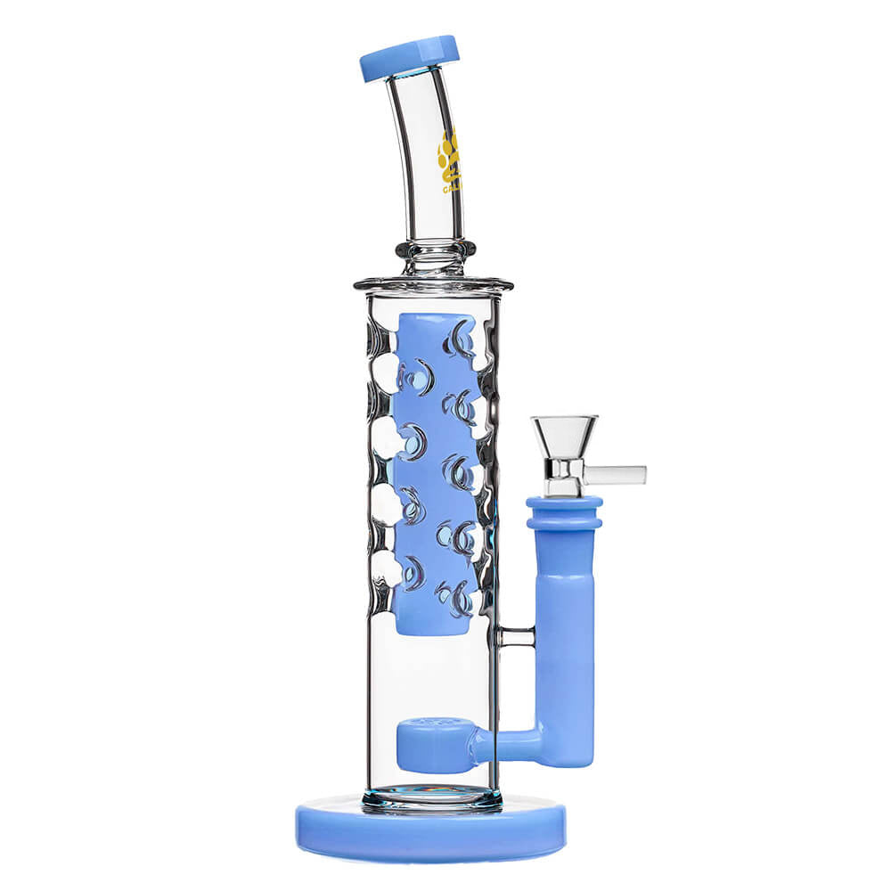 Calibear Flower Straight Fab-V2 water pipe series featuring Flower of Life percolator and colored translucent cores in Blue, Purple, Black, Green, Orange, and Yellow.