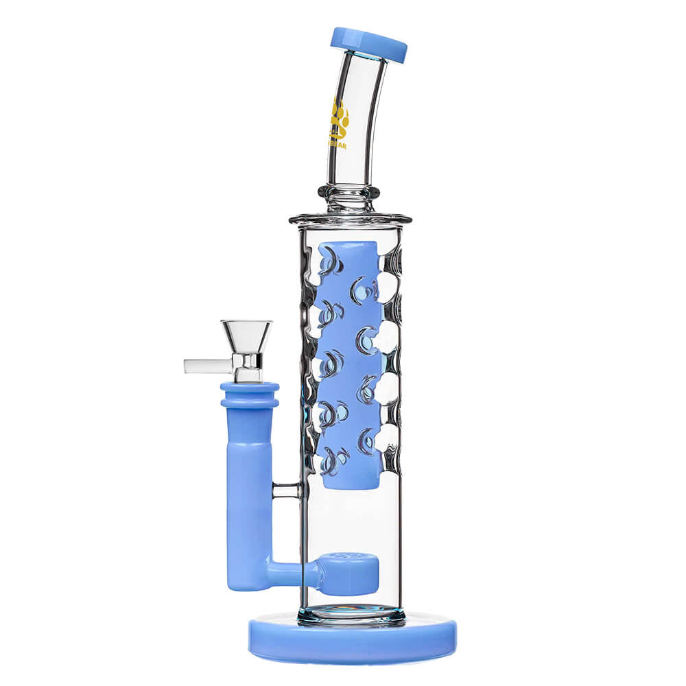 Calibear Flower Straight Fab-V2 water pipe series featuring Flower of Life percolator and colored translucent cores in Blue, Purple, Black, Green, Orange, and Yellow.