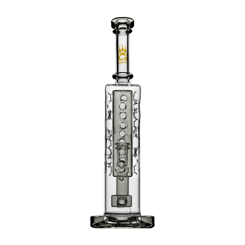 Calibear Flower Straight Fab-V2 water pipe series featuring Flower of Life percolator and colored translucent cores in Blue, Purple, Black, Green, Orange, and Yellow.