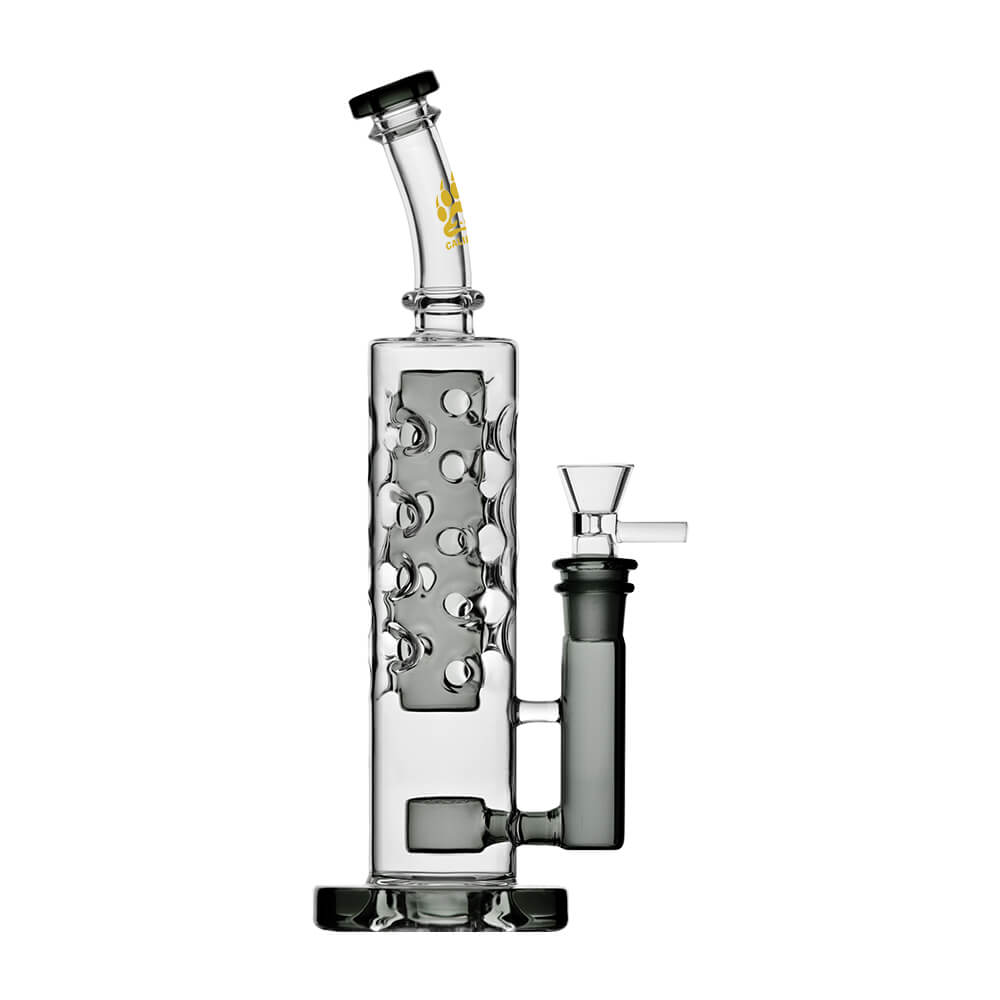 Calibear Flower Straight Fab-V2 water pipe series featuring Flower of Life percolator and colored translucent cores in Blue, Purple, Black, Green, Orange, and Yellow.