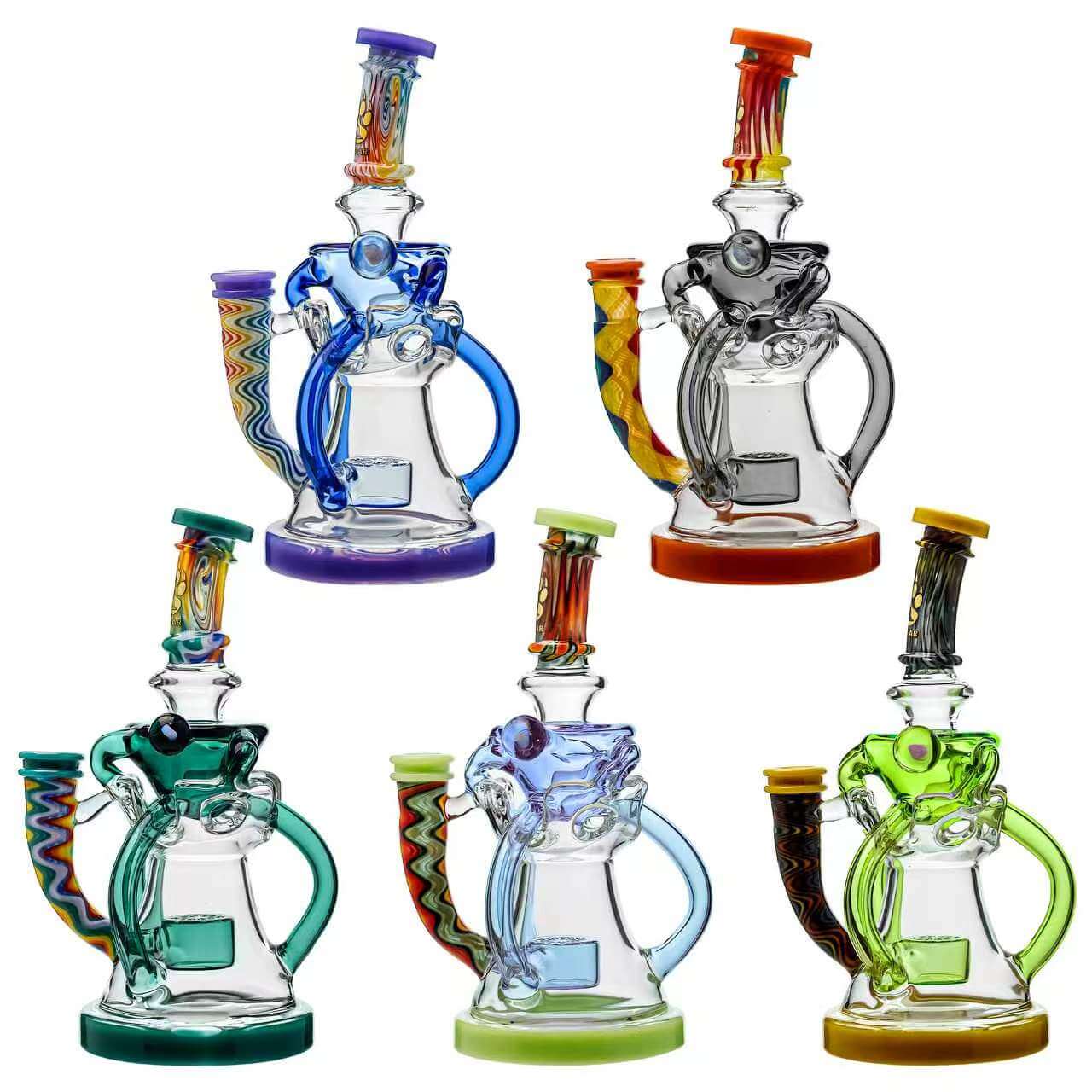 Five Calibear Heady Wigwag Fab Klein recycler dab rigs with intricate worked glass neck sections, encasements, colored accents in blue, orange, teal, purple, and green, featuring a Flower of Life percolator.