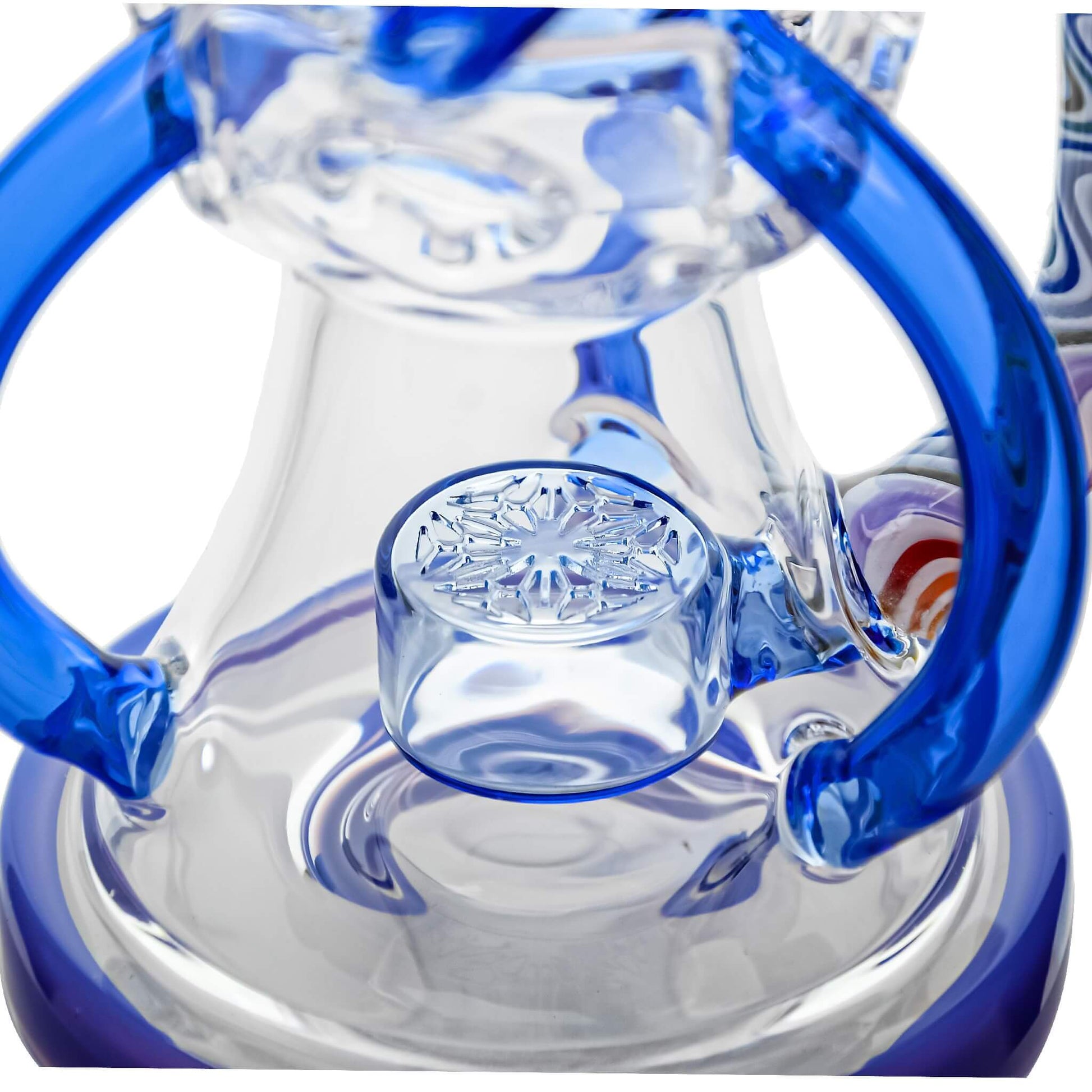 Five Calibear Heady Wigwag Fab Klein recycler dab rigs with intricate worked glass neck sections, encasements, colored accents in blue, orange, teal, purple, and green, featuring a Flower of Life percolator.