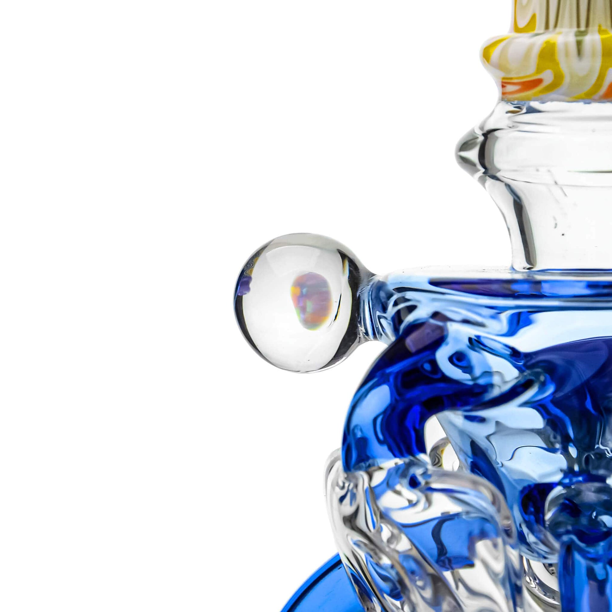 Five Calibear Heady Wigwag Fab Klein recycler dab rigs with intricate worked glass neck sections, encasements, colored accents in blue, orange, teal, purple, and green, featuring a Flower of Life percolator.