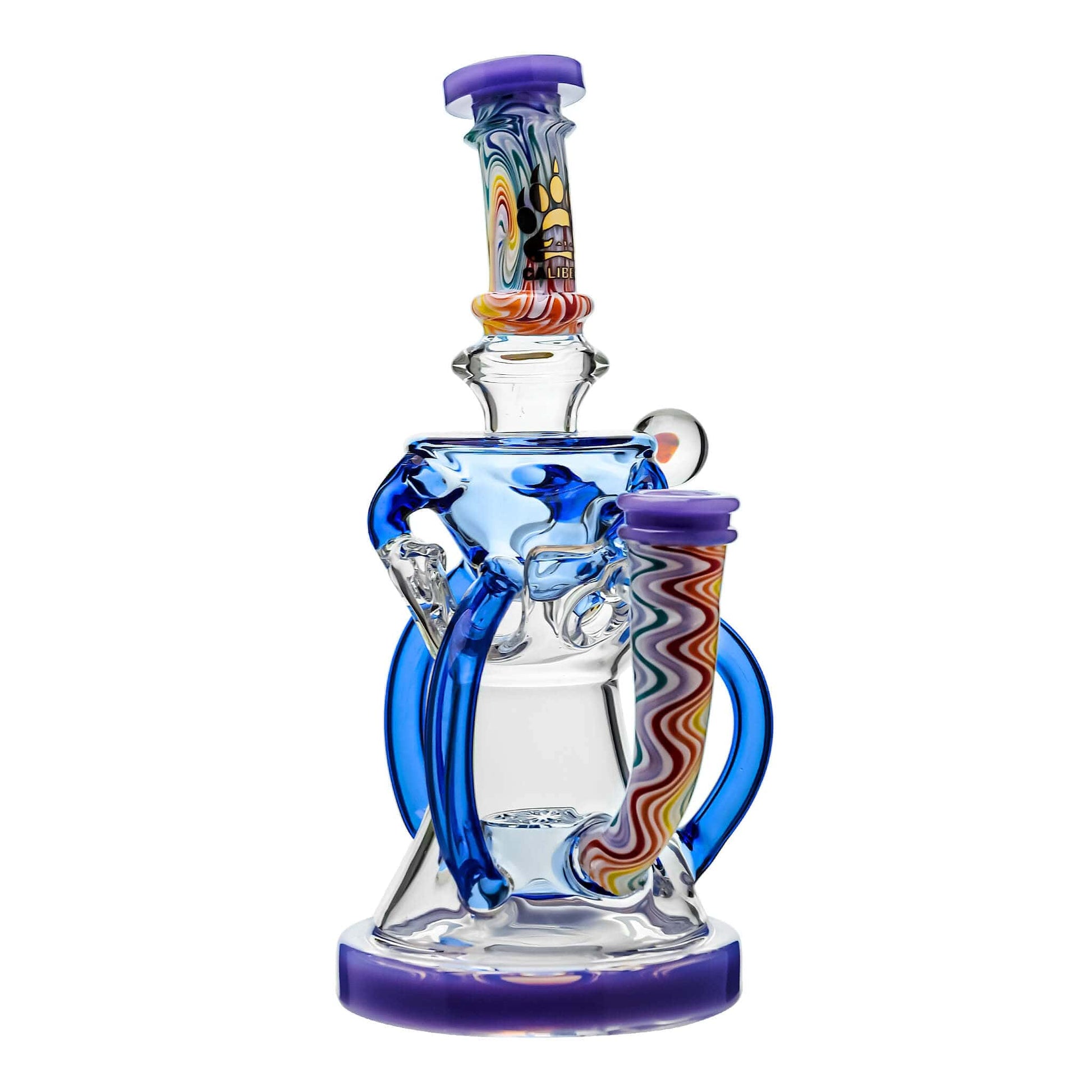Five Calibear Heady Wigwag Fab Klein recycler dab rigs with intricate worked glass neck sections, encasements, colored accents in blue, orange, teal, purple, and green, featuring a Flower of Life percolator.