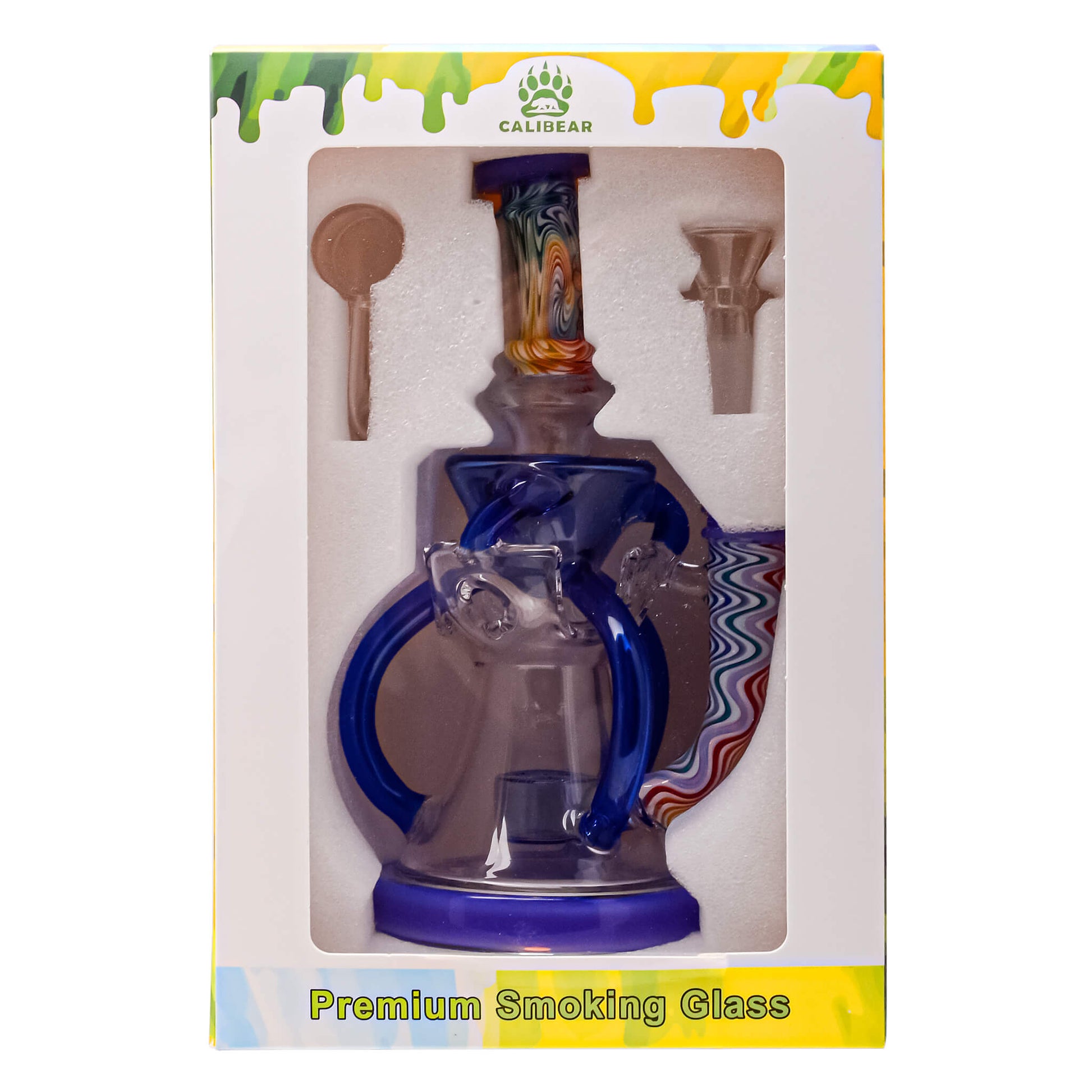 Five Calibear Heady Wigwag Fab Klein recycler dab rigs with intricate worked glass neck sections, encasements, colored accents in blue, orange, teal, purple, and green, featuring a Flower of Life percolator.