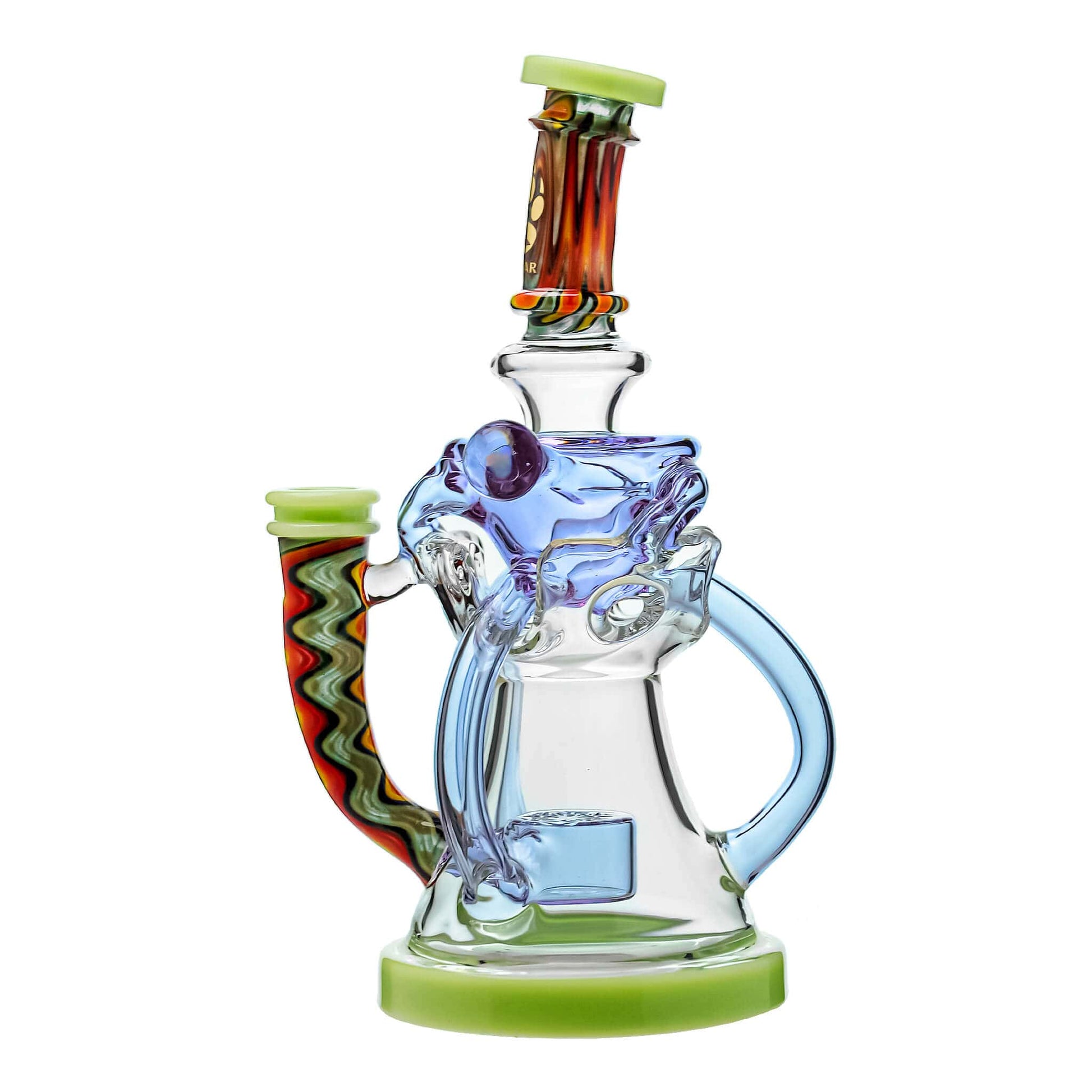 Five Calibear Heady Wigwag Fab Klein recycler dab rigs with intricate worked glass neck sections, encasements, colored accents in blue, orange, teal, purple, and green, featuring a Flower of Life percolator.