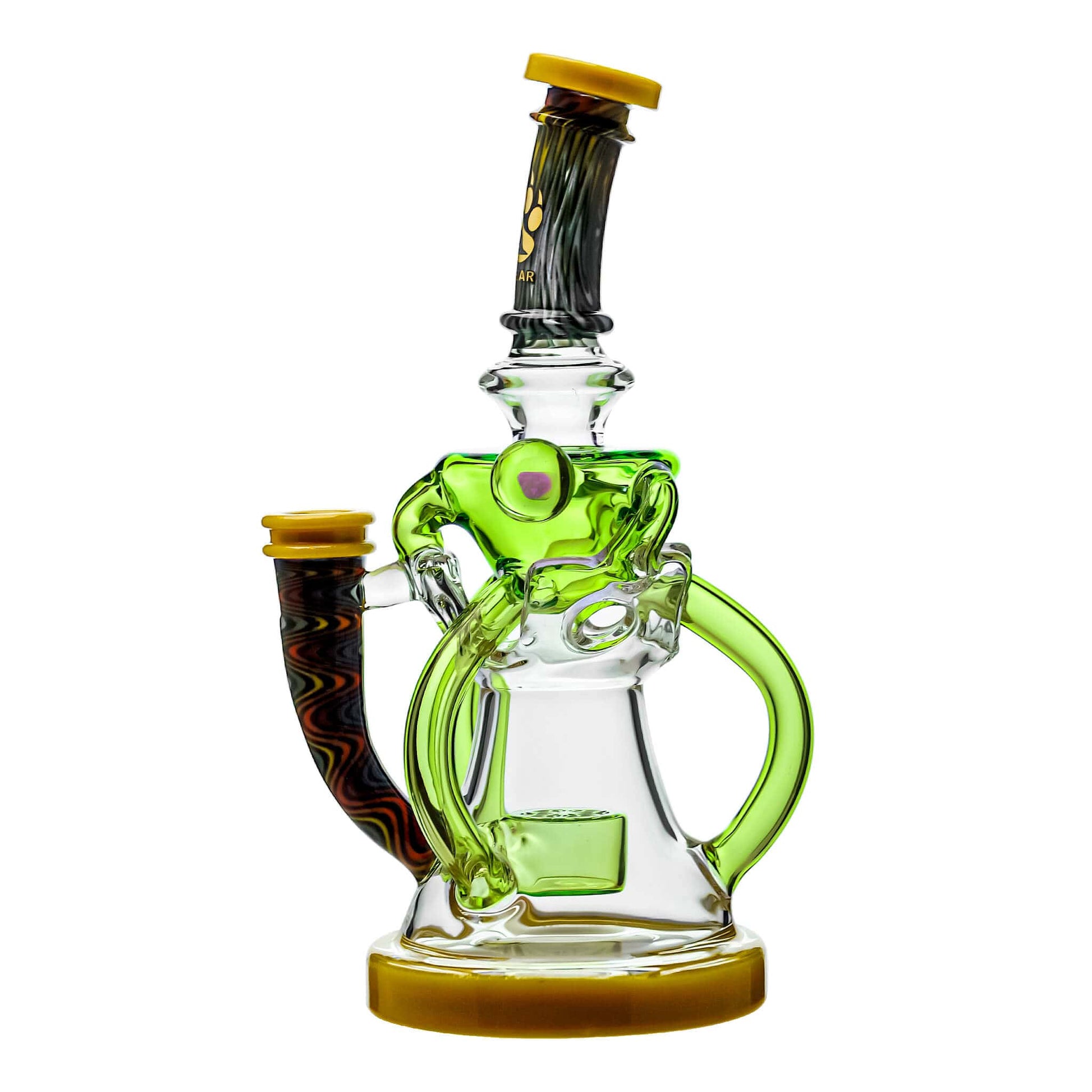 Five Calibear Heady Wigwag Fab Klein recycler dab rigs with intricate worked glass neck sections, encasements, colored accents in blue, orange, teal, purple, and green, featuring a Flower of Life percolator.