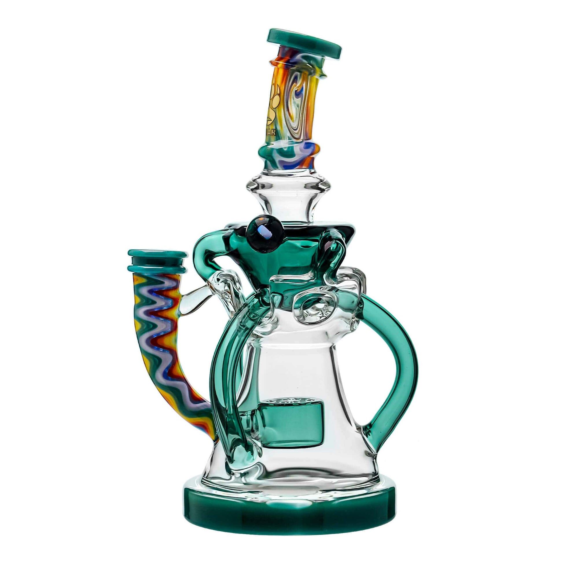 Five Calibear Heady Wigwag Fab Klein recycler dab rigs with intricate worked glass neck sections, encasements, colored accents in blue, orange, teal, purple, and green, featuring a Flower of Life percolator.