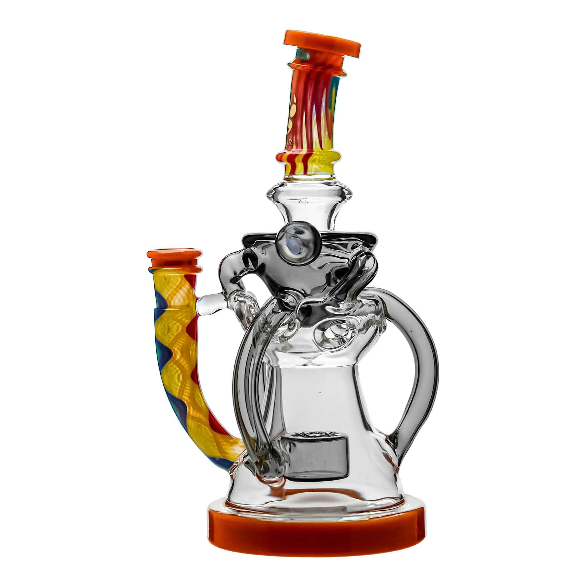 Five Calibear Heady Wigwag Fab Klein recycler dab rigs with intricate worked glass neck sections, encasements, colored accents in blue, orange, teal, purple, and green, featuring a Flower of Life percolator.