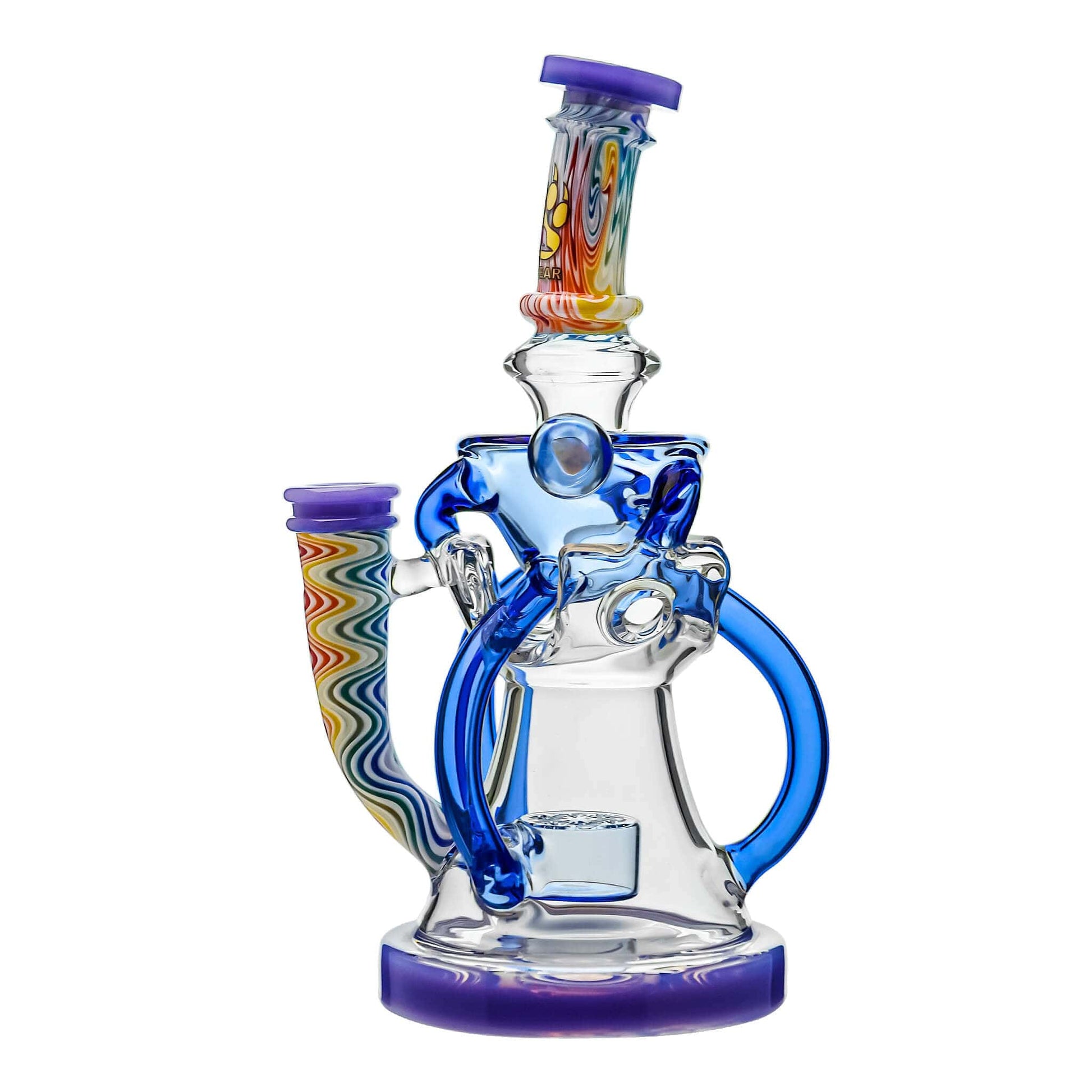 Five Calibear Heady Wigwag Fab Klein recycler dab rigs with intricate worked glass neck sections, encasements, colored accents in blue, orange, teal, purple, and green, featuring a Flower of Life percolator.