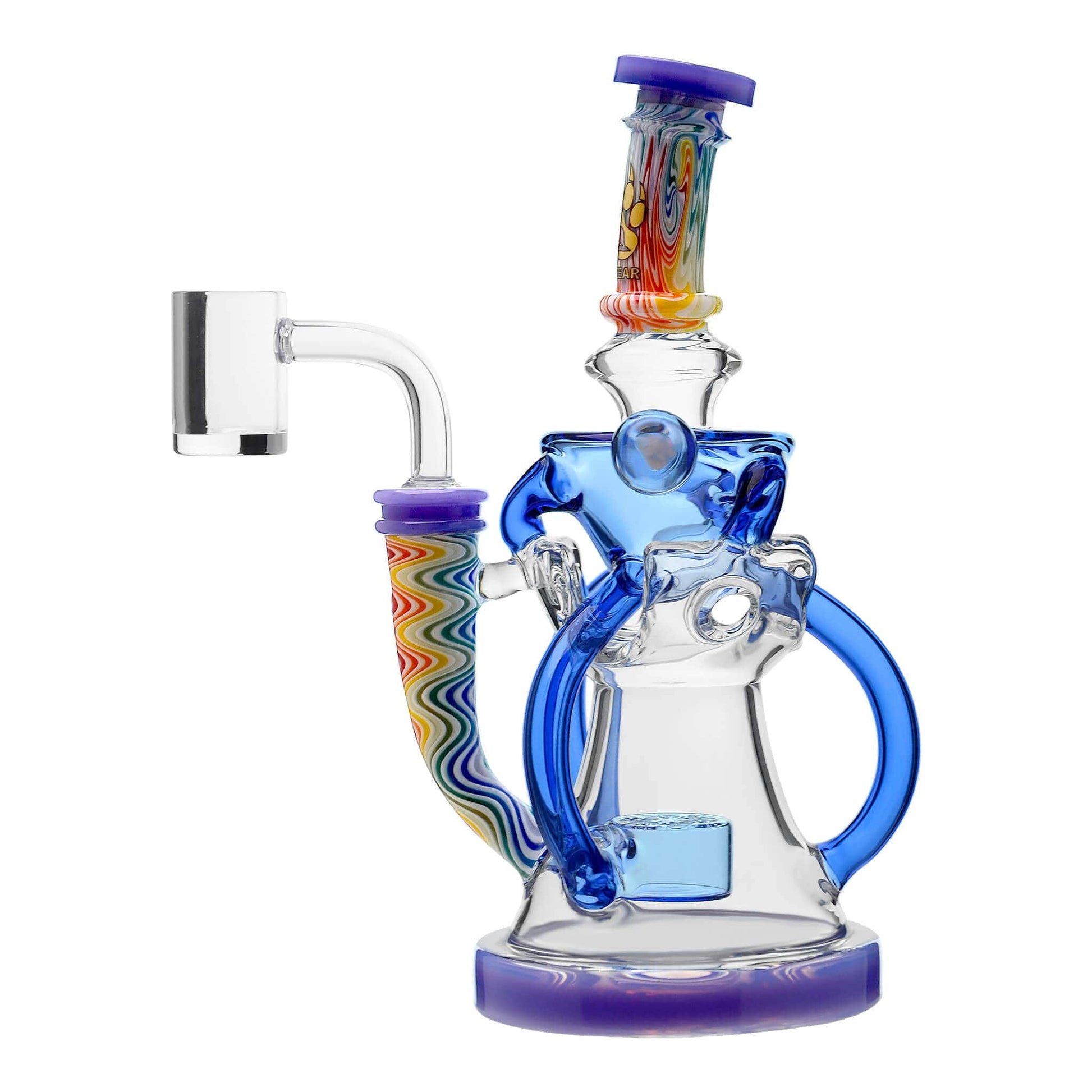 Five Calibear Heady Wigwag Fab Klein recycler dab rigs with intricate worked glass neck sections, encasements, colored accents in blue, orange, teal, purple, and green, featuring a Flower of Life percolator.