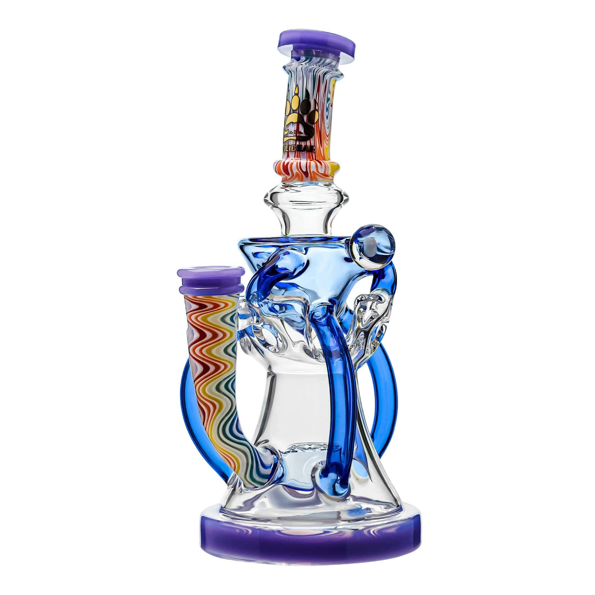 Five Calibear Heady Wigwag Fab Klein recycler dab rigs with intricate worked glass neck sections, encasements, colored accents in blue, orange, teal, purple, and green, featuring a Flower of Life percolator.