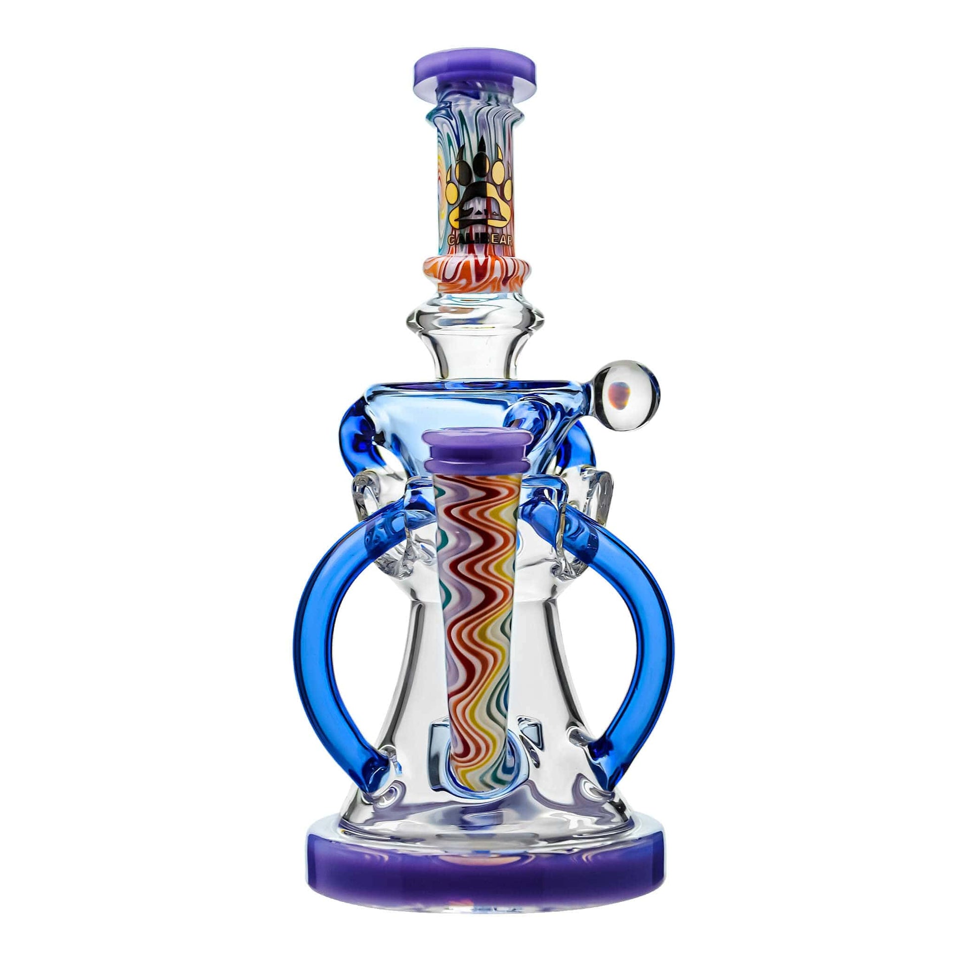Five Calibear Heady Wigwag Fab Klein recycler dab rigs with intricate worked glass neck sections, encasements, colored accents in blue, orange, teal, purple, and green, featuring a Flower of Life percolator.