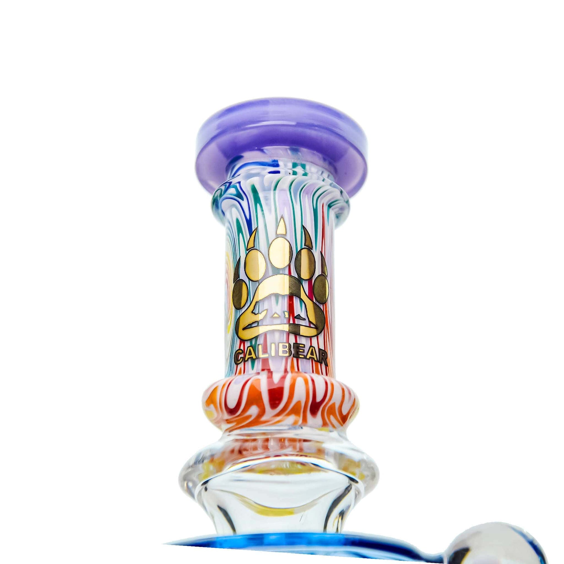 Five Calibear Heady Wigwag Fab Klein recycler dab rigs with intricate worked glass neck sections, encasements, colored accents in blue, orange, teal, purple, and green, featuring a Flower of Life percolator.