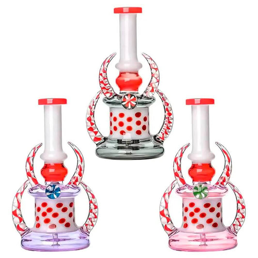 Calibear Horns Glass Dab Rig in red, purple, and pink featuring candy-striped horns, polka dot base, and decorative marble.