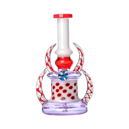 Calibear Horns Glass Dab Rig in red, purple, and pink featuring candy-striped horns, polka dot base, and decorative marble.