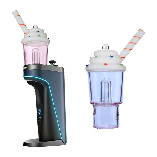 Calibear Ice Cream Stack glass attachment for Dr. Dabber Switch 2 featuring a lavender-tinted water chamber, white whipped cream top with sprinkles, and a red-striped straw mouthpiece.