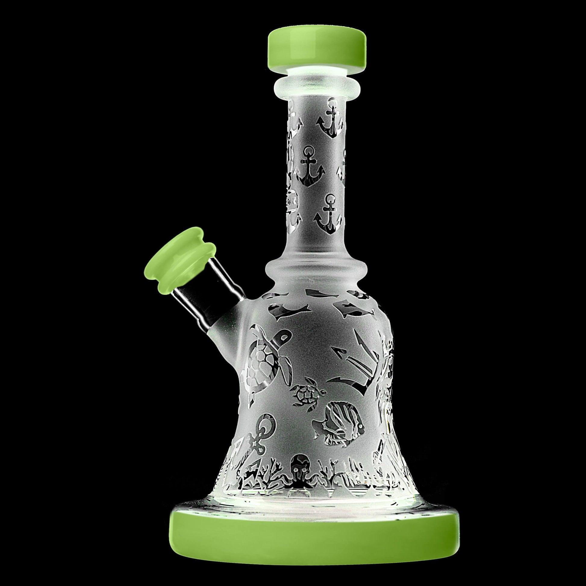 Calibear Premium frosted glass bell rig featuring deep sandblasted ocean nautical patterns and a high-performance Flower of Life percolator.