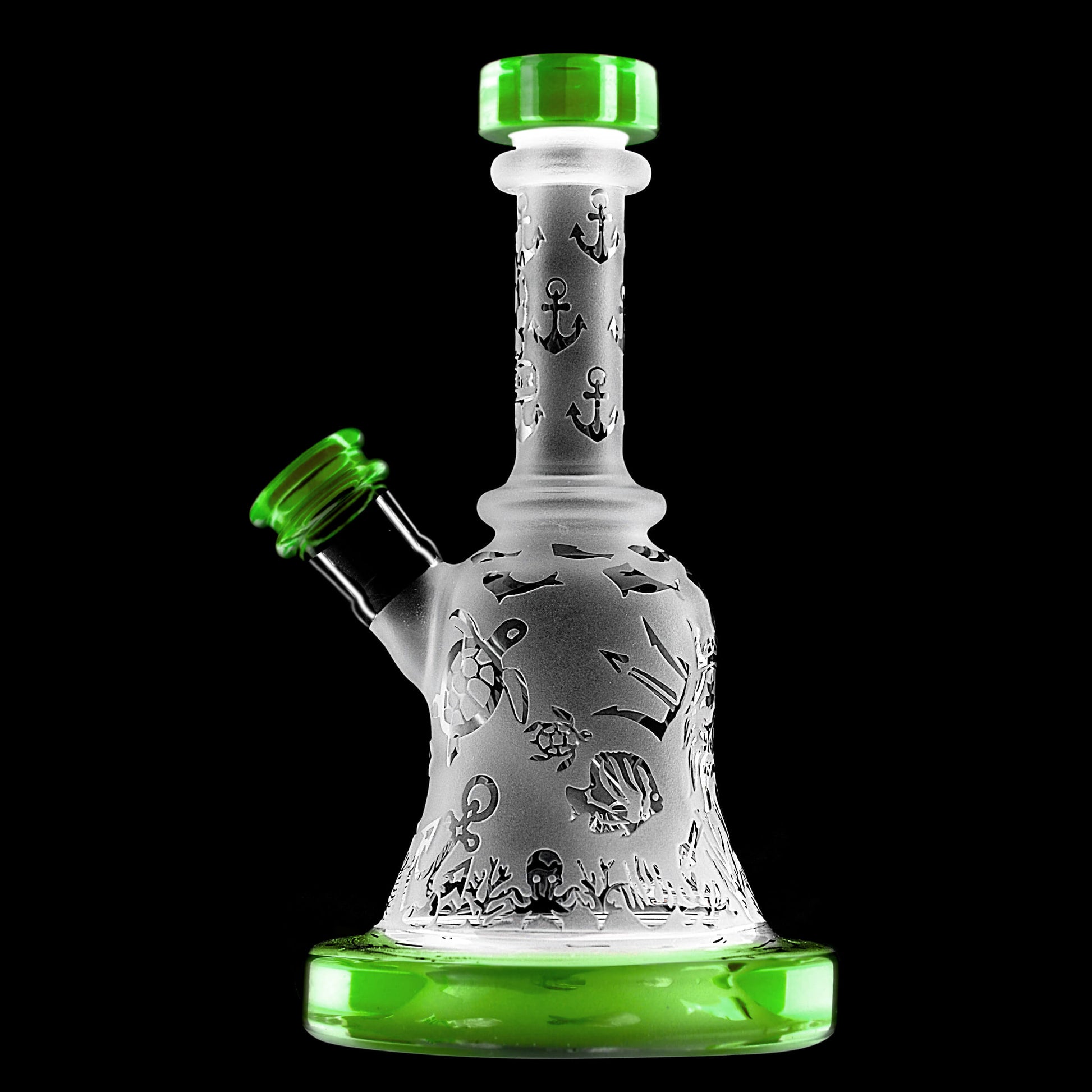 Calibear Premium frosted glass bell rig featuring deep sandblasted ocean nautical patterns and a high-performance Flower of Life percolator.