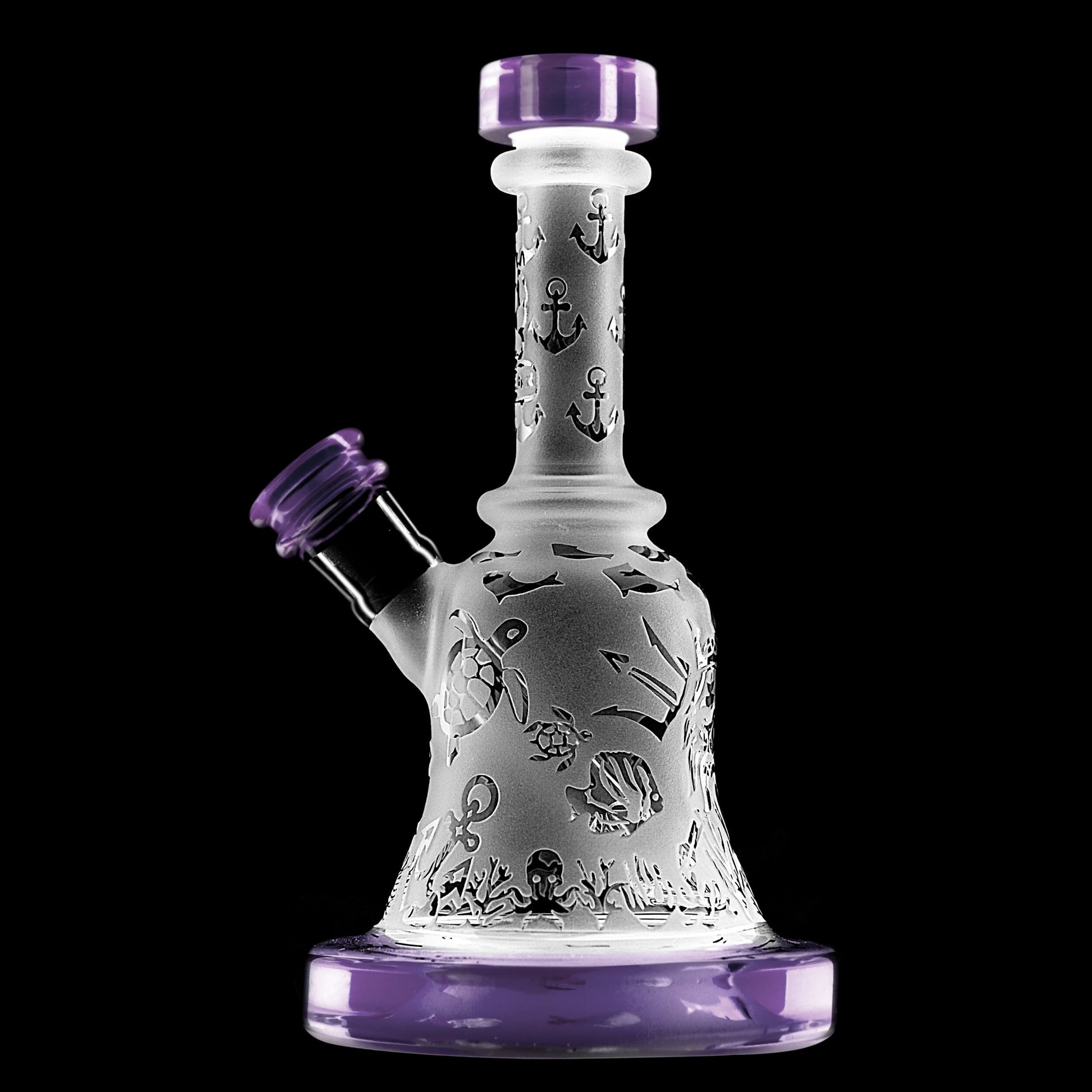 Calibear Premium frosted glass bell rig featuring deep sandblasted ocean nautical patterns and a high-performance Flower of Life percolator.