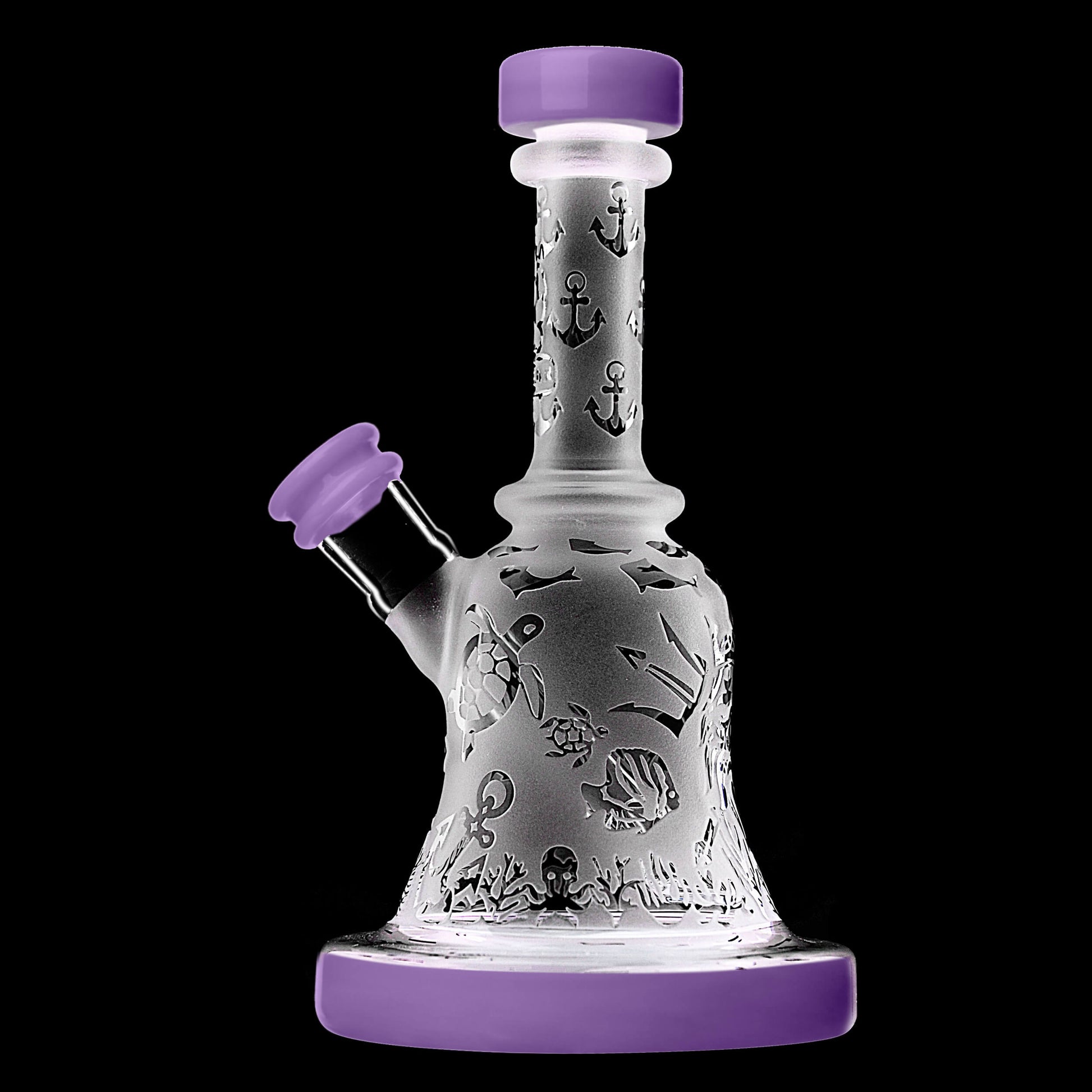 Calibear Premium frosted glass bell rig featuring deep sandblasted ocean nautical patterns and a high-performance Flower of Life percolator.