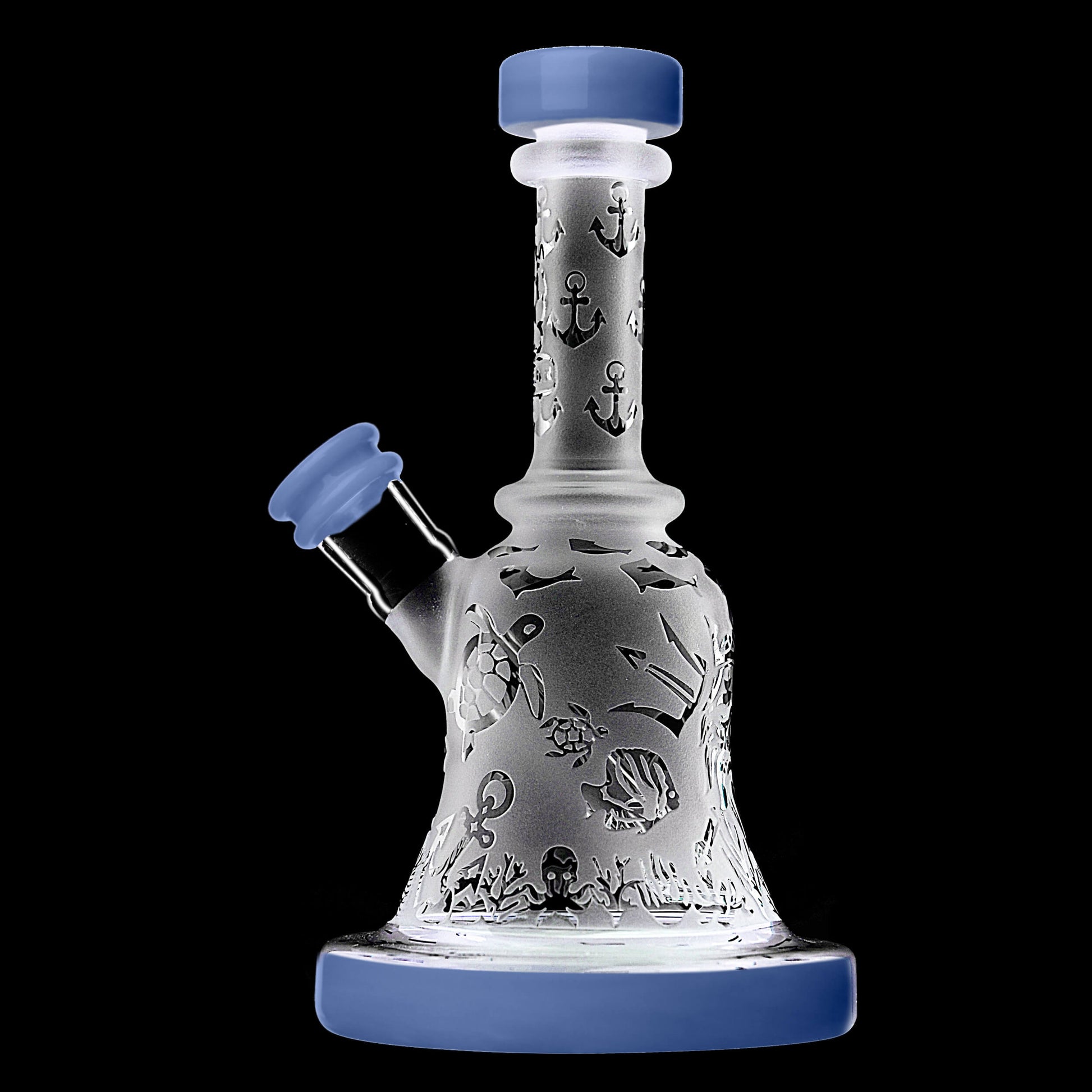 Calibear Premium frosted glass bell rig featuring deep sandblasted ocean nautical patterns and a high-performance Flower of Life percolator.