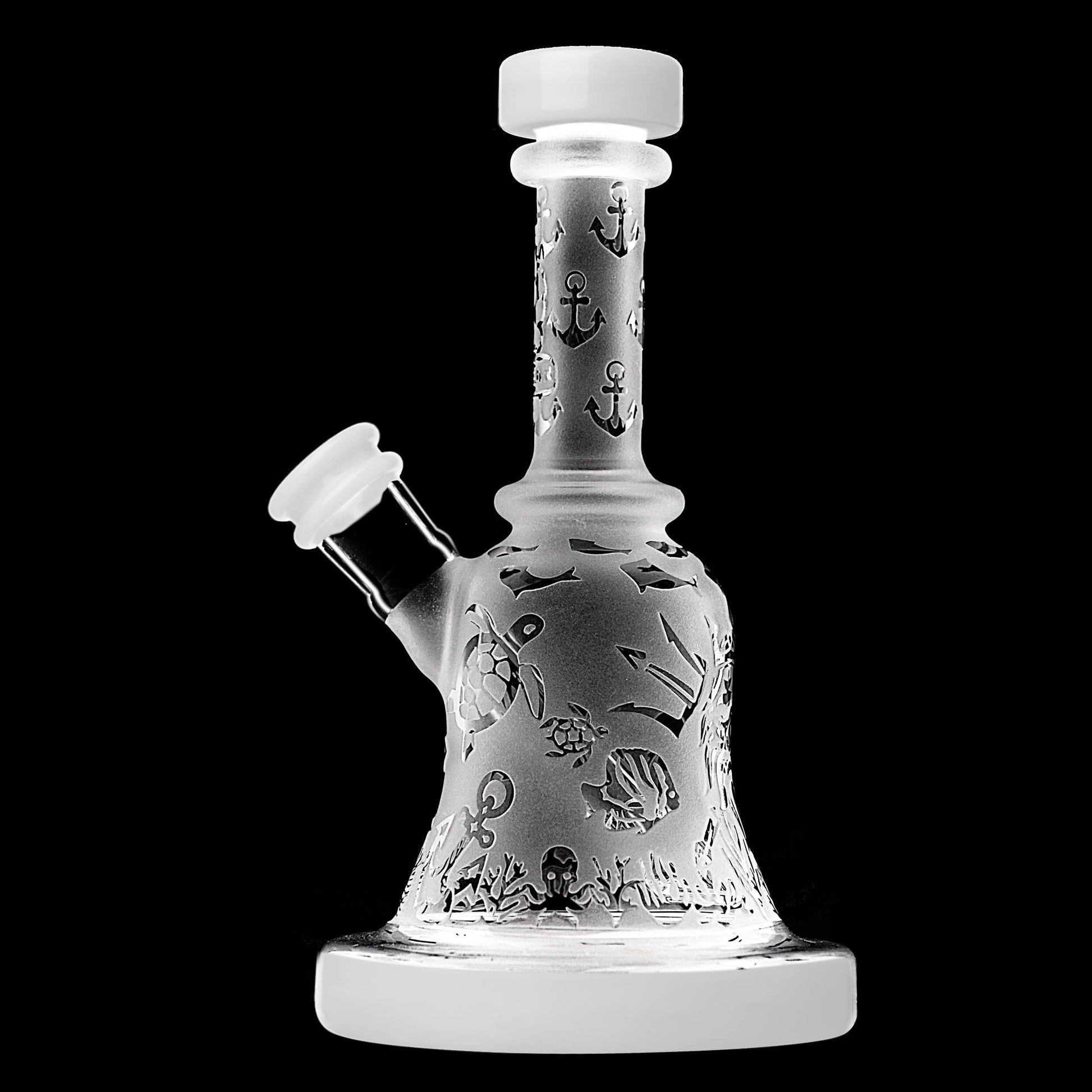 Calibear Premium frosted glass bell rig featuring deep sandblasted ocean nautical patterns and a high-performance Flower of Life percolator.