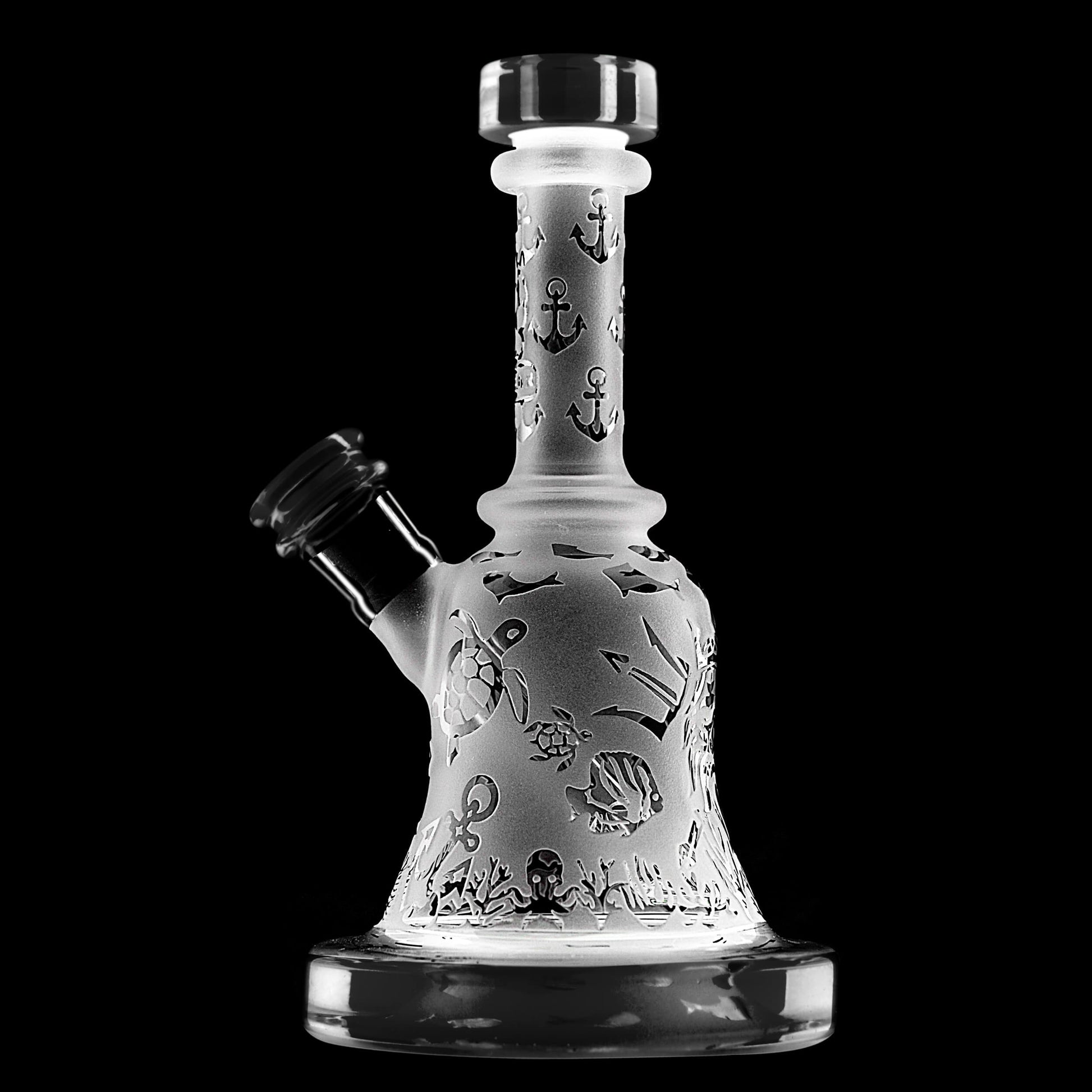 Calibear Premium frosted glass bell rig featuring deep sandblasted ocean nautical patterns and a high-performance Flower of Life percolator.