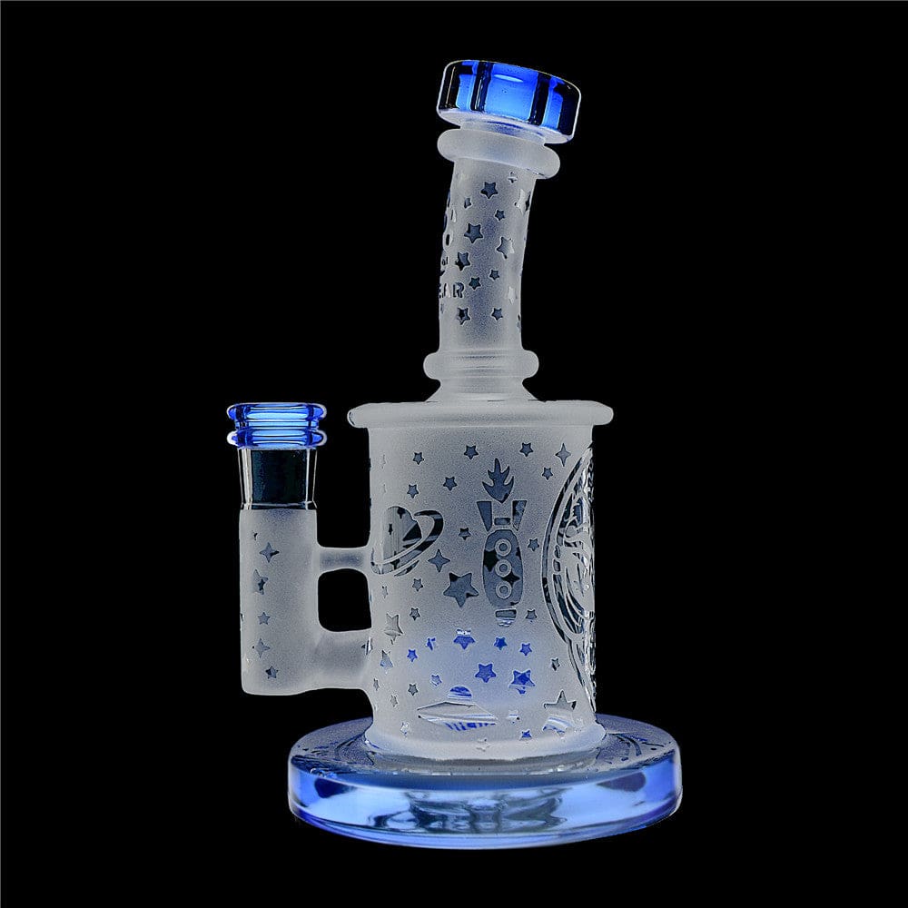Calibear Premium frosted glass dab rig with deep sandblasted spaceship and star patterns featuring a Flower of Life percolator.