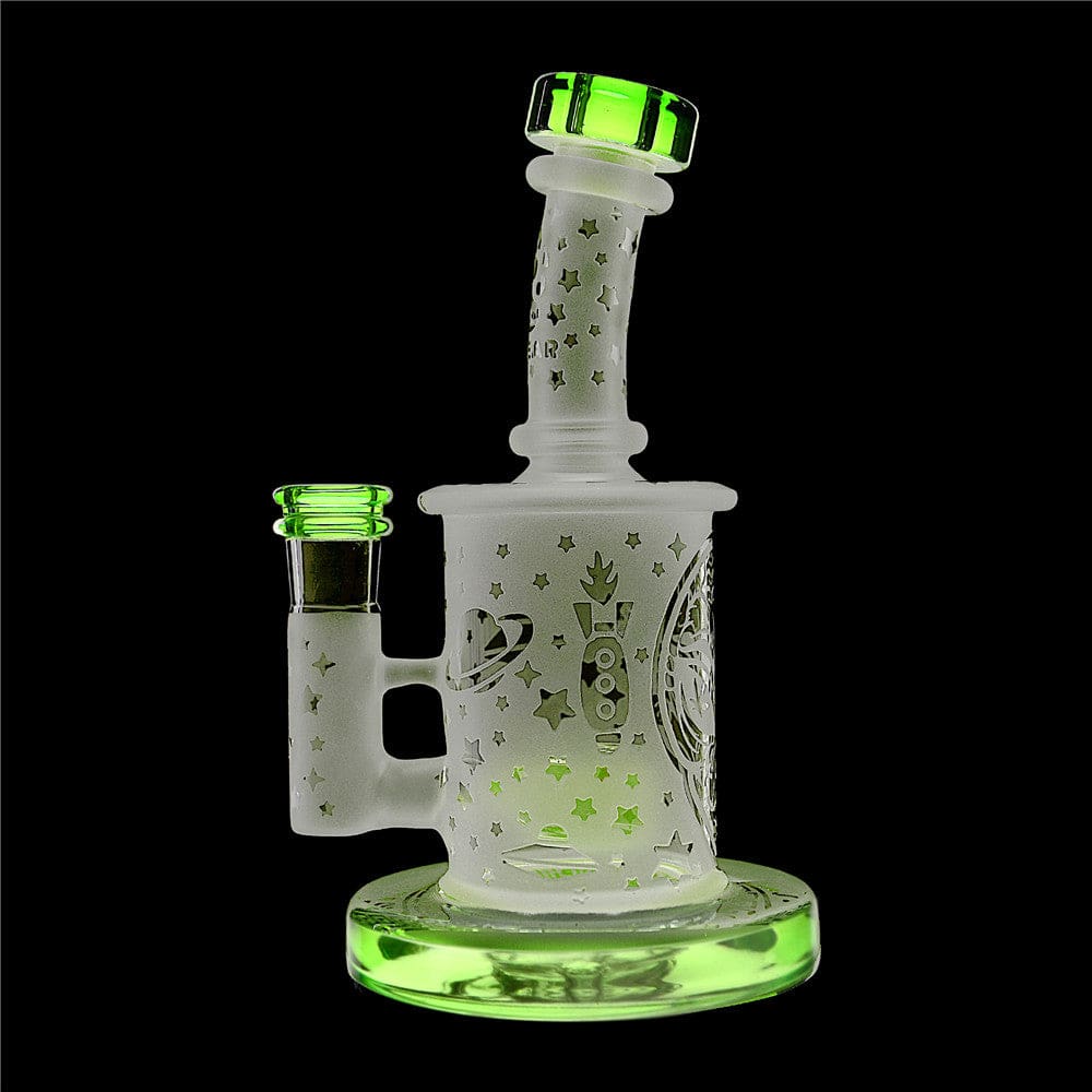 Calibear Premium frosted glass dab rig with deep sandblasted spaceship and star patterns featuring a Flower of Life percolator.