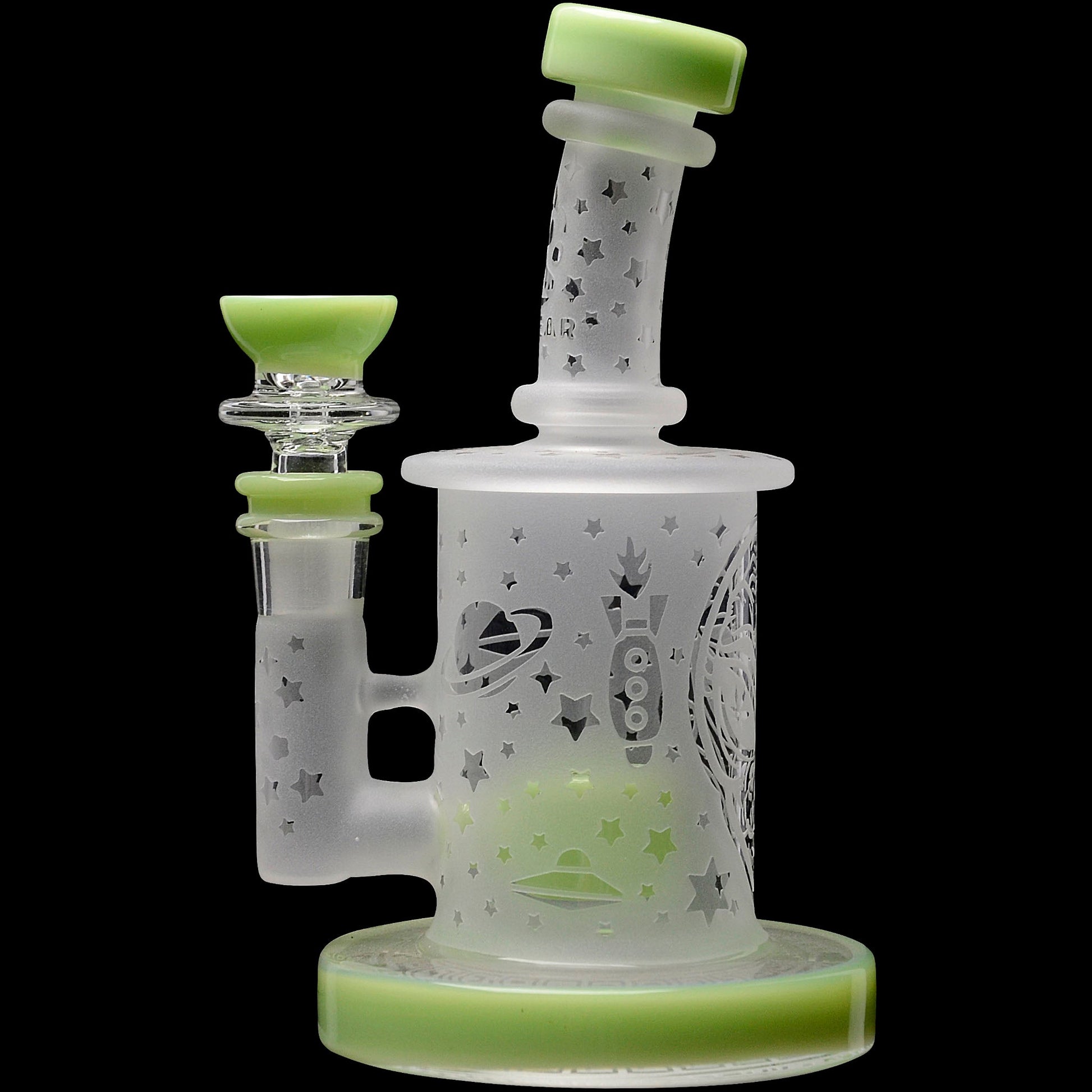 Calibear Premium frosted glass dab rig with deep sandblasted spaceship and star patterns featuring a Flower of Life percolator.