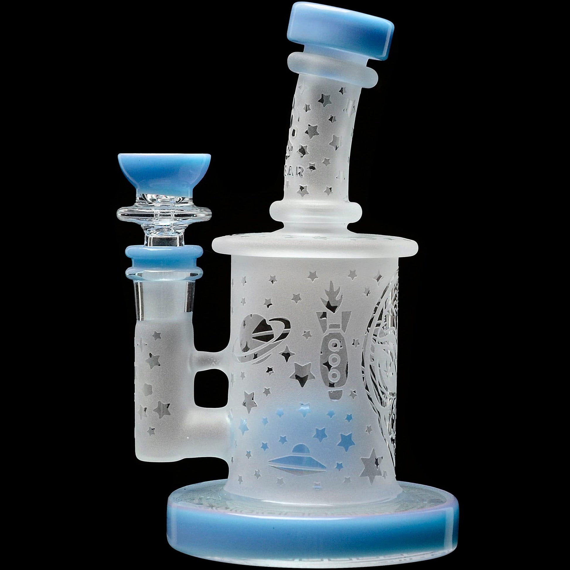 Calibear Premium frosted glass dab rig with deep sandblasted spaceship and star patterns featuring a Flower of Life percolator.