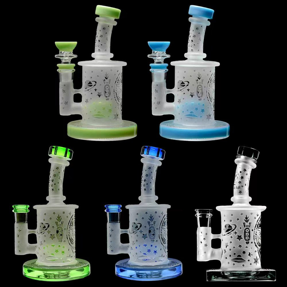 Calibear Premium frosted glass dab rig with deep sandblasted spaceship and star patterns featuring a Flower of Life percolator.