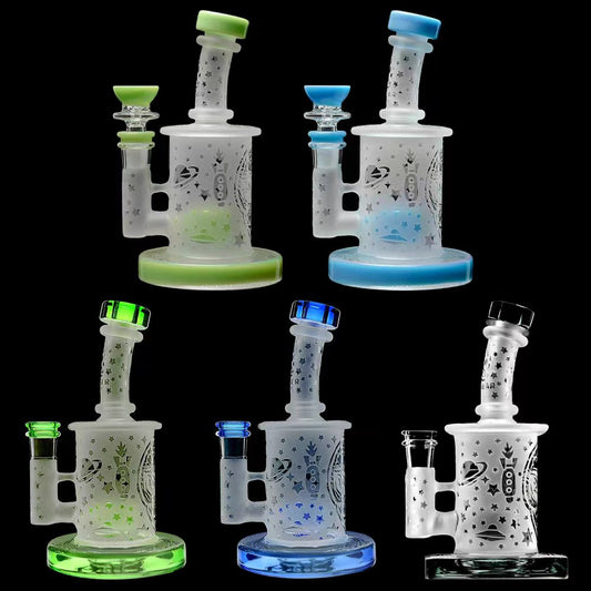 Calibear Premium frosted glass dab rig with deep sandblasted spaceship and star patterns featuring a Flower of Life percolator.