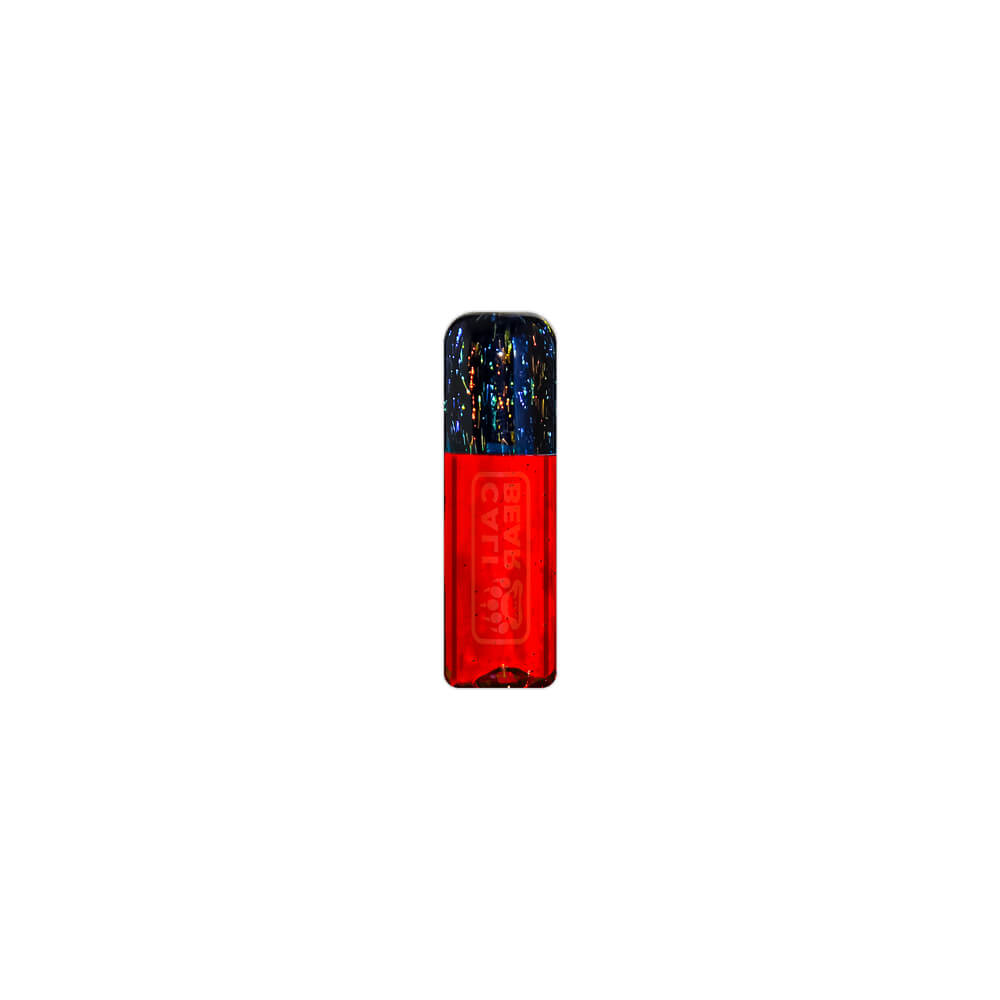 Three Calibear premium reusable glass filter tips shown side-by-side with gold logos, featuring a pink base with a green dichro top, a lime green base with a rainbow wigwag top, and a red base with a dark shimmering dichro top.