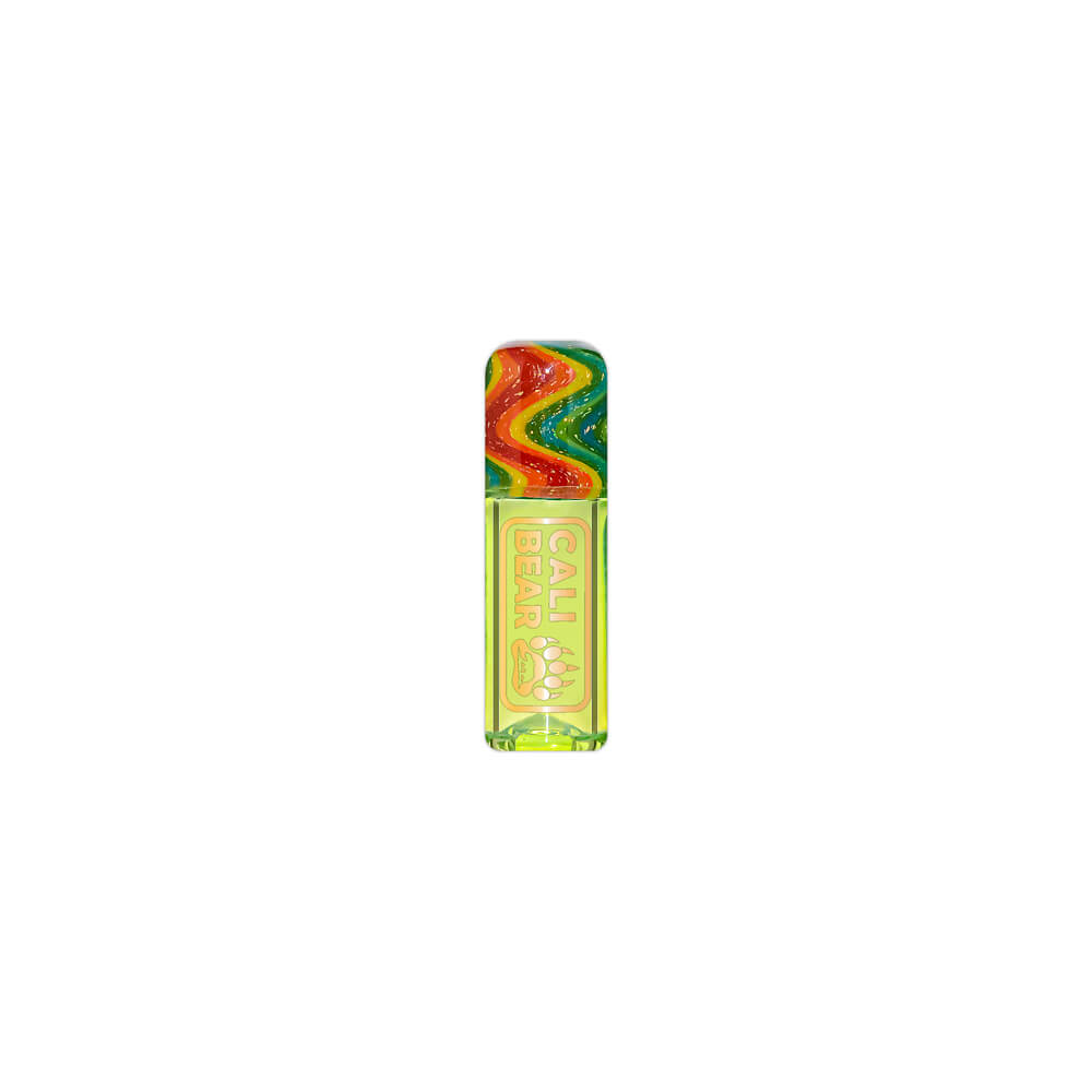 Three Calibear premium reusable glass filter tips shown side-by-side with gold logos, featuring a pink base with a green dichro top, a lime green base with a rainbow wigwag top, and a red base with a dark shimmering dichro top.