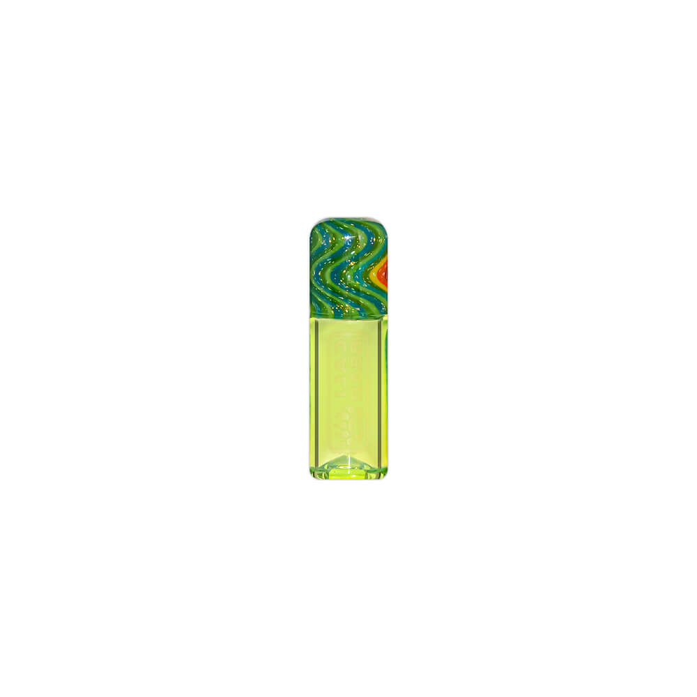 Three Calibear premium reusable glass filter tips shown side-by-side with gold logos, featuring a pink base with a green dichro top, a lime green base with a rainbow wigwag top, and a red base with a dark shimmering dichro top.