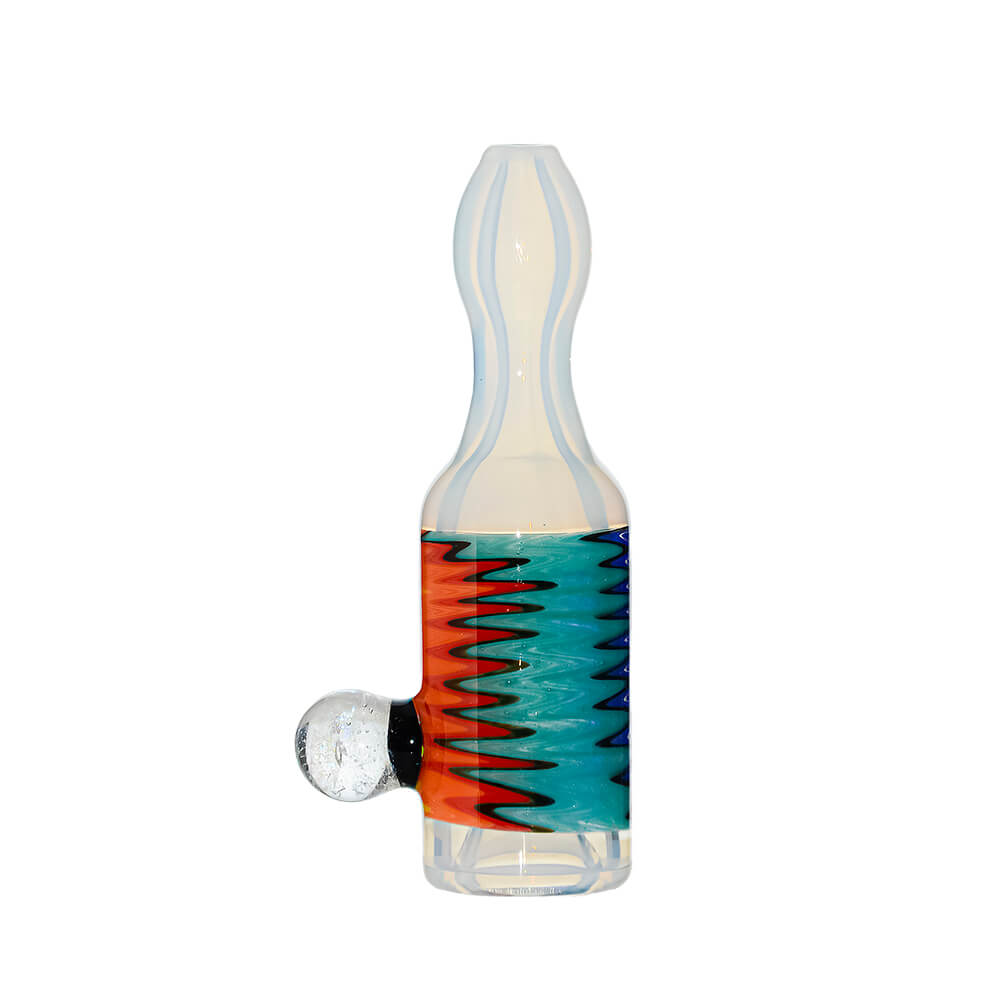 Calibear premium glass chillum pipe with colorful wigwag swirl pattern and dichro marble accent, handcrafted borosilicate smoking pipe