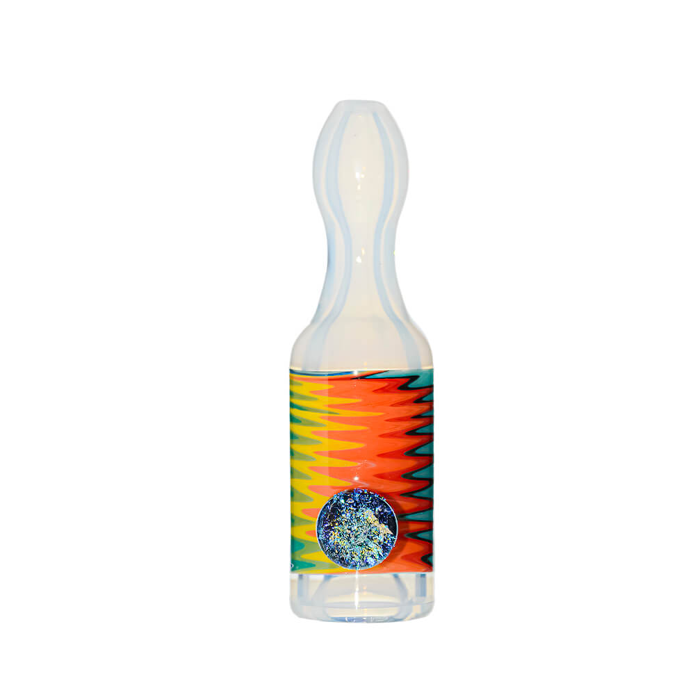 Calibear premium glass chillum pipe with colorful wigwag swirl pattern and dichro marble accent, handcrafted borosilicate smoking pipe