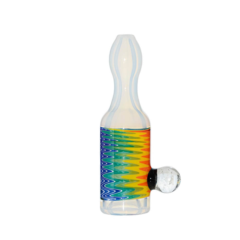 Calibear premium glass chillum pipe with colorful wigwag swirl pattern and dichro marble accent, handcrafted borosilicate smoking pipe