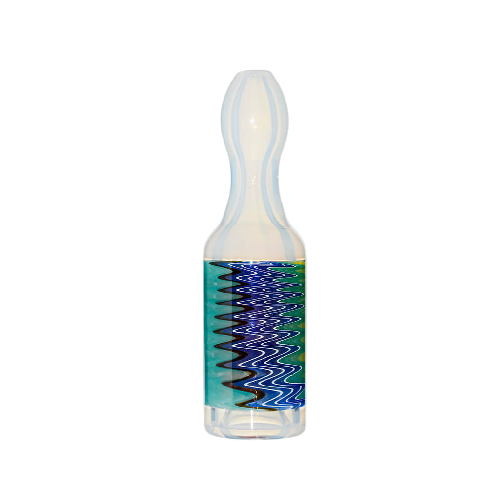 Calibear premium glass chillum pipe with colorful wigwag swirl pattern and dichro marble accent, handcrafted borosilicate smoking pipe