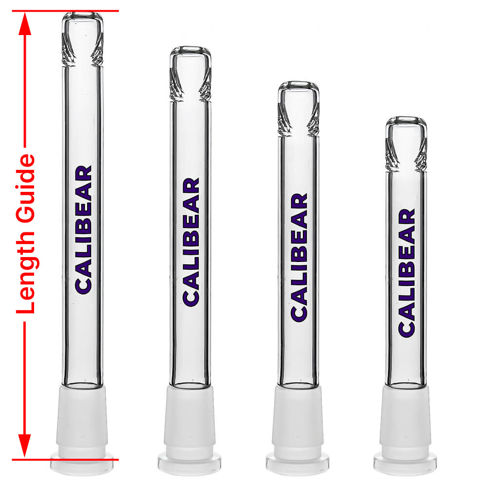 Four clear glass Calibear Premium Tri-Seed Slotted Ice Pinch Downstems in varying lengths, showcasing the unique triangular ice pinch restriction at the tip and clear embossed side logos.
