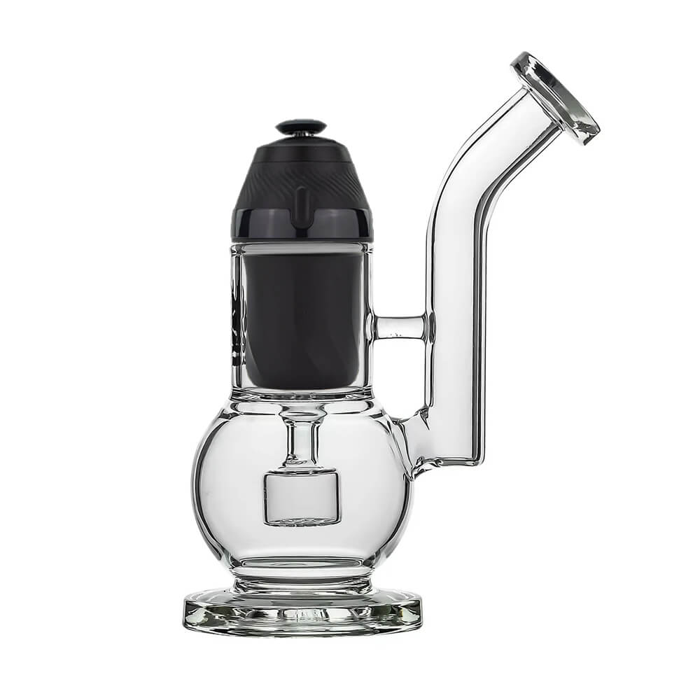 Calibear Globe Bubbler (Clear) with rounded water chamber, bent-neck mouthpiece and Seed of Life Perc for Puffco Proxy