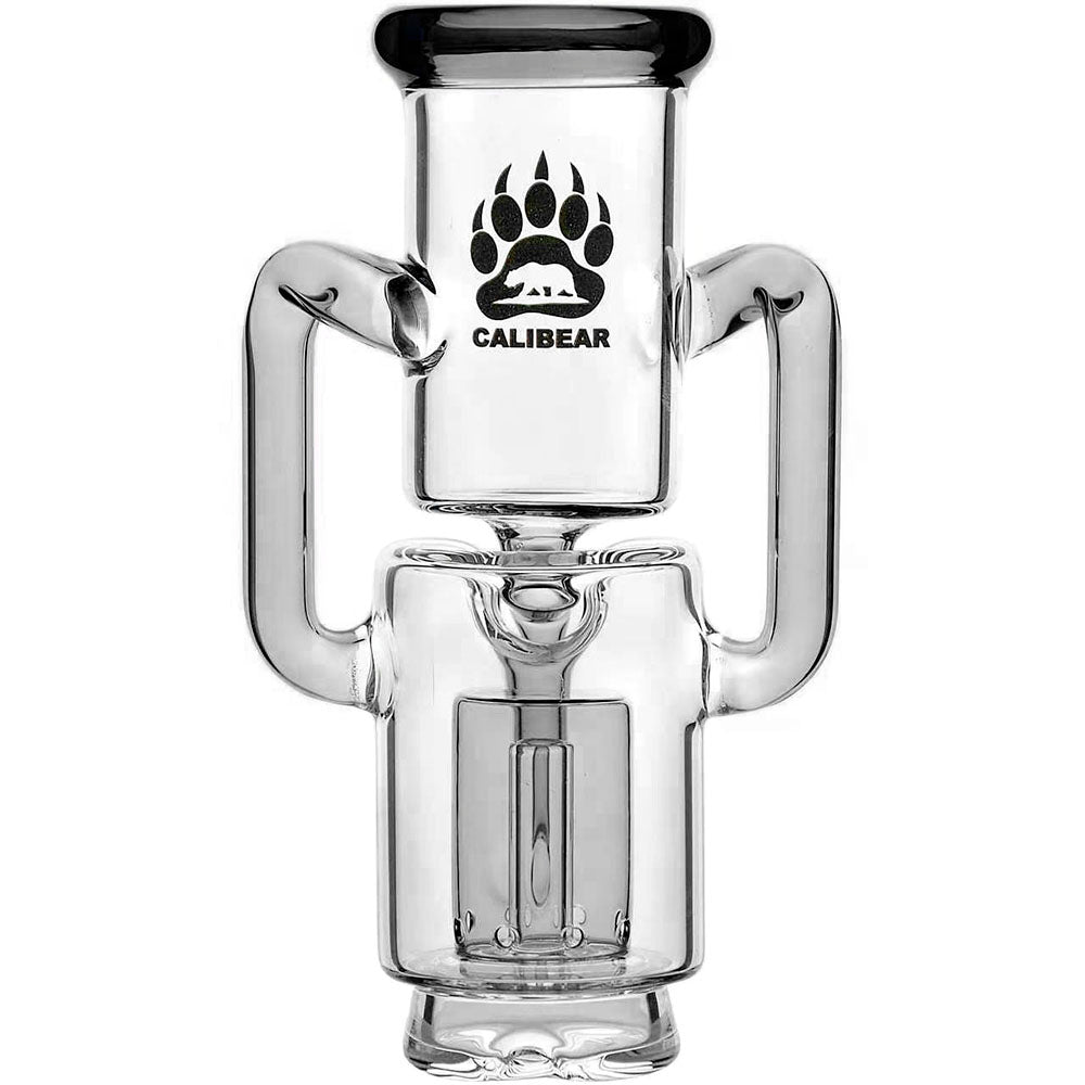 Calibear Recycler glass attachment in five colorways, including one blue unit mounted on a Focus V Carta e-rig base and four standalone clear, purple, smoky, and green units.