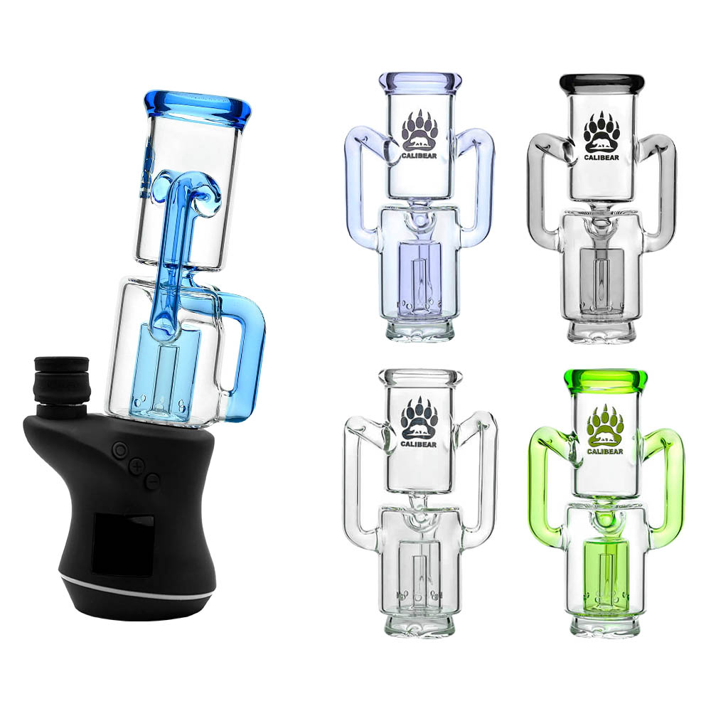 Calibear Recycler glass attachment in five colorways, including one blue unit mounted on a Focus V Carta e-rig base and four standalone clear, purple, smoky, and green units.