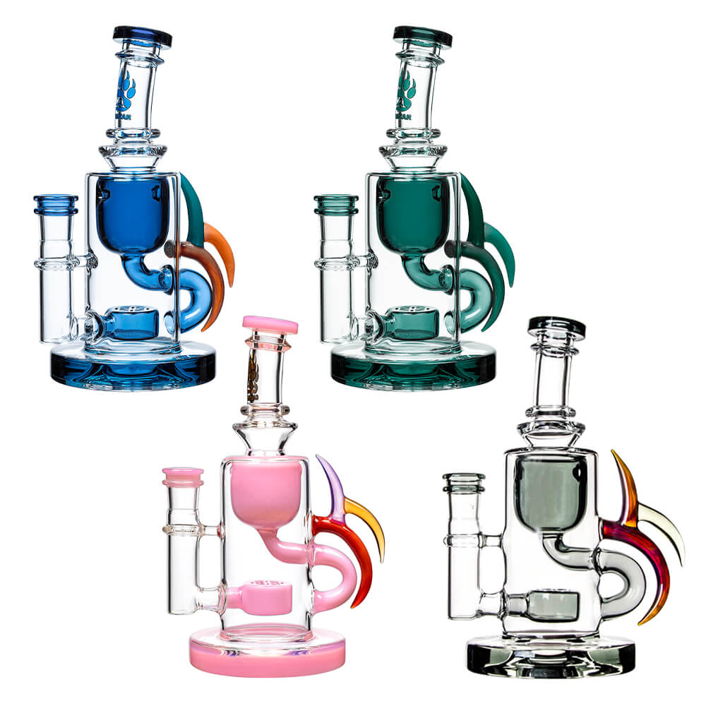 Calibear Ribbing Horn Klein Dab Rig in teal featuring three American Northstar glass horns, a Seed of Life percolator, and a vortex drain.