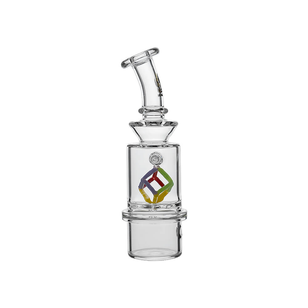 Calibear Spinning Cube Dry Top glass attachment for Dr. Dabber Switch 2 featuring a colorful internal spinning cube and clear borosilicate glass body.