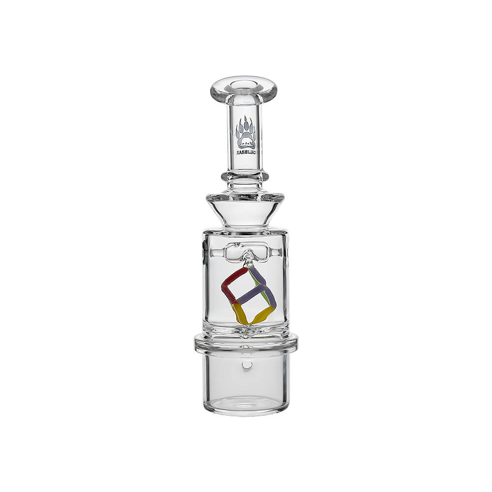 Calibear Spinning Cube Dry Top glass attachment for Dr. Dabber Switch 2 featuring a colorful internal spinning cube and clear borosilicate glass body.
