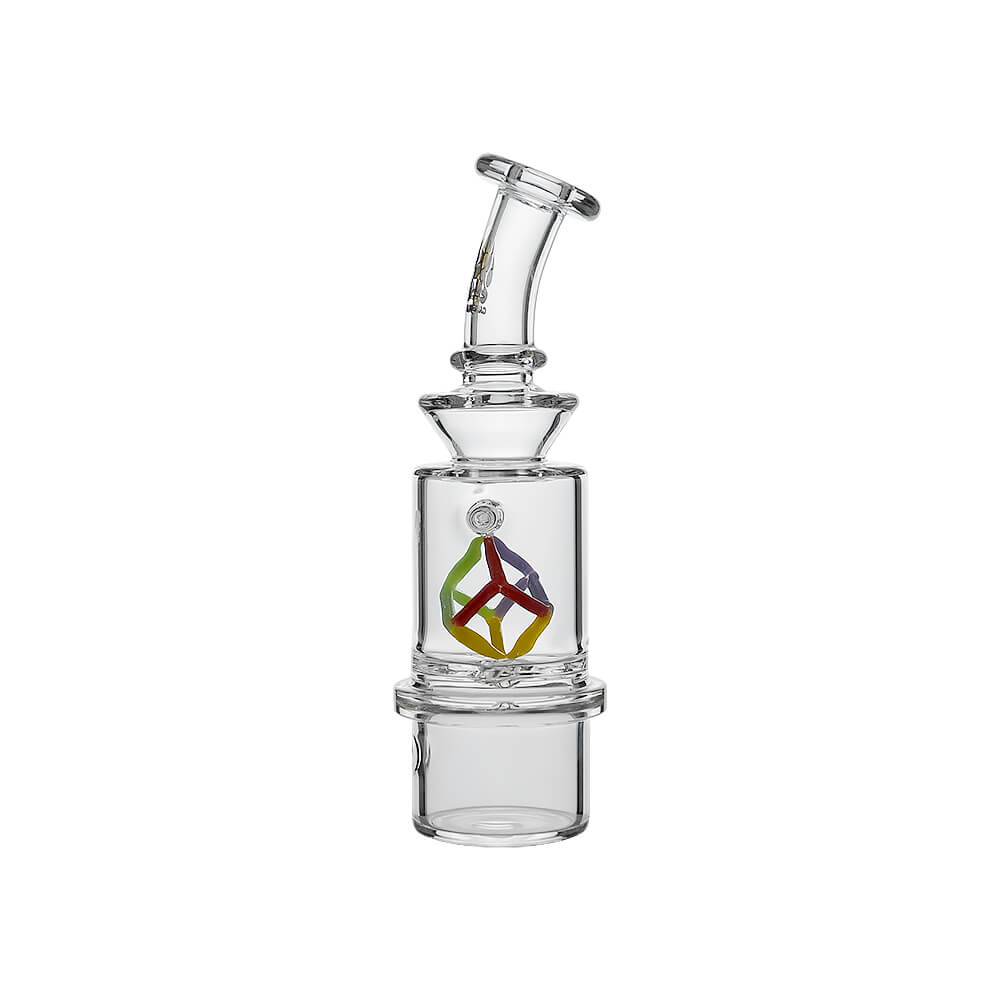 Calibear Spinning Cube Dry Top glass attachment for Dr. Dabber Switch 2 featuring a colorful internal spinning cube and clear borosilicate glass body.