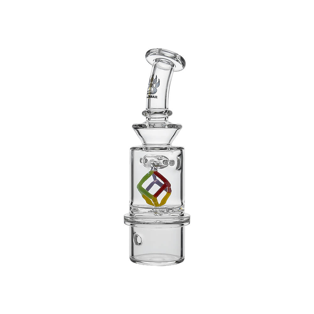 Calibear Spinning Cube Dry Top glass attachment for Dr. Dabber Switch 2 featuring a colorful internal spinning cube and clear borosilicate glass body.